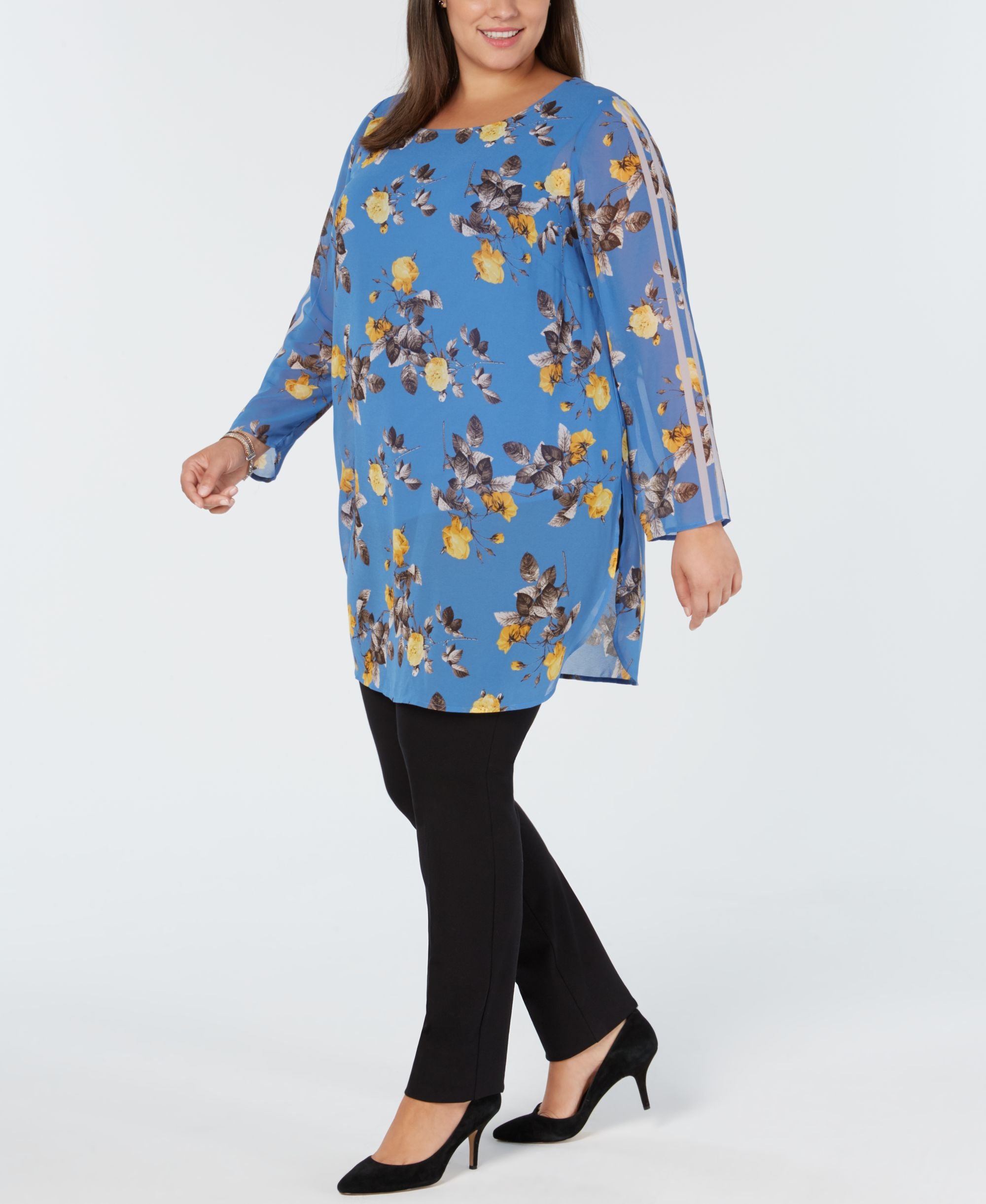 Plus Size Racer-Stripe Floral-Print Tunic