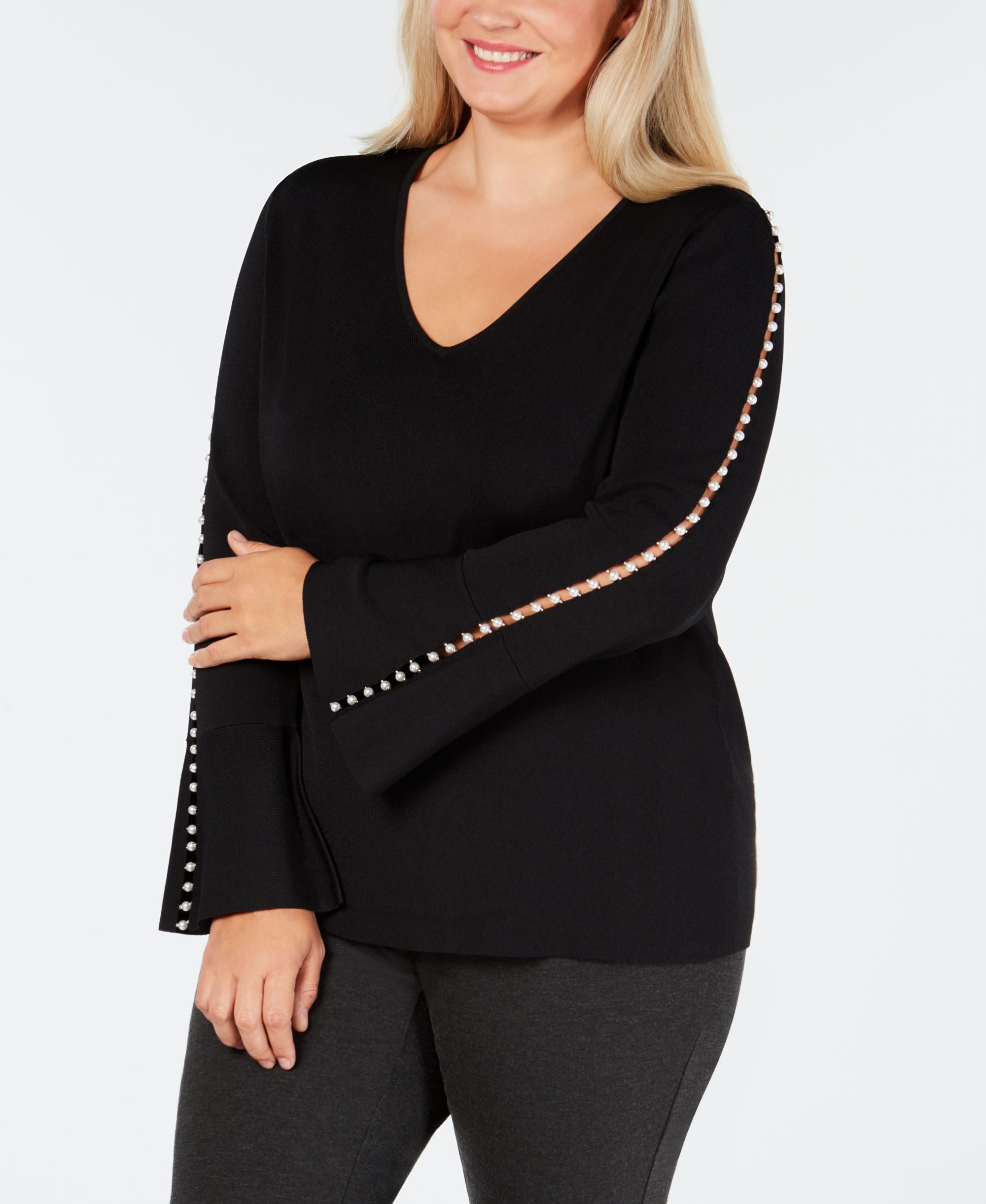 Plus Size Pearl Trimmed V Neck Sweater