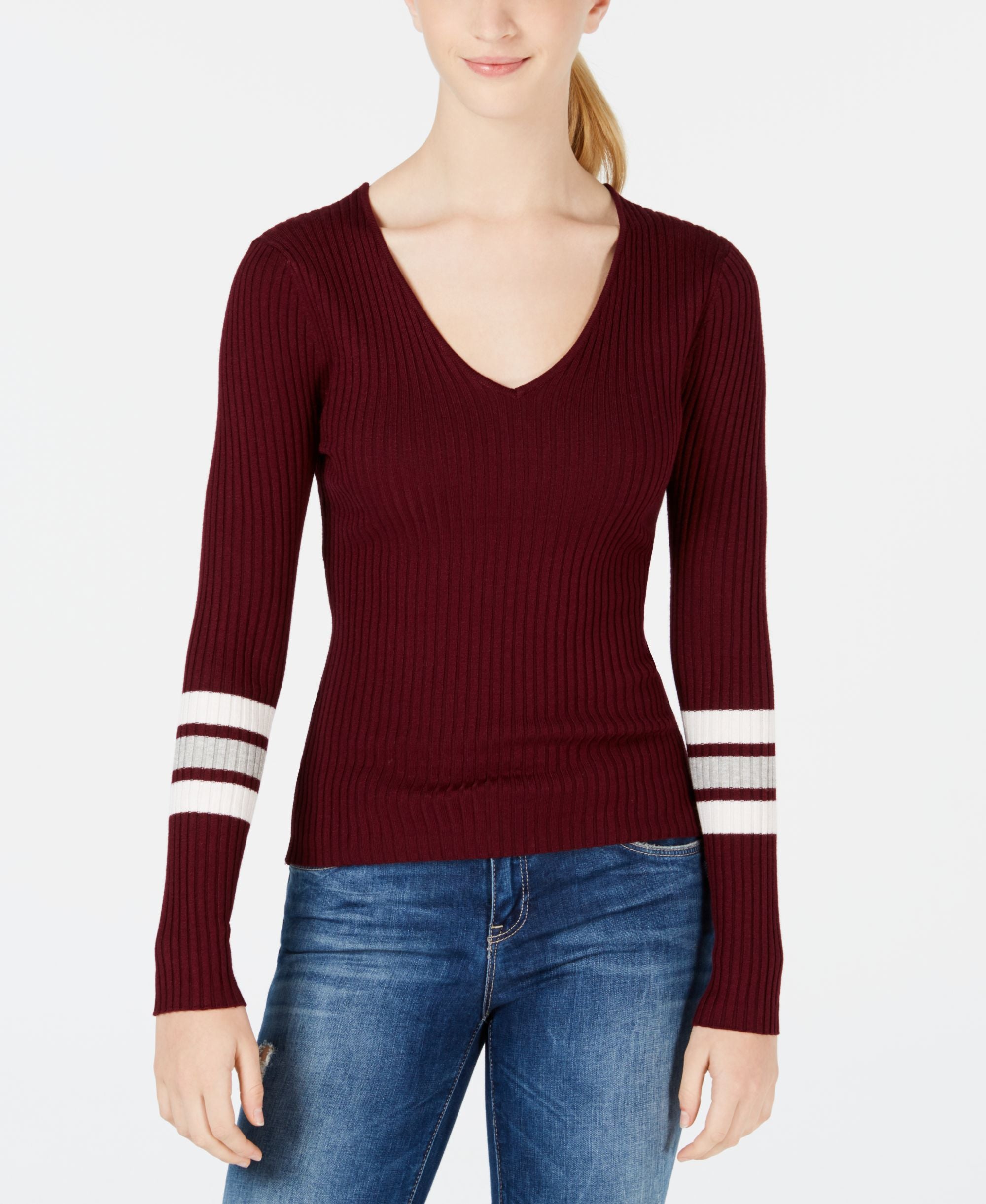 Hooked Up By Iot Juniors Lace Up Varsity Stripe Sweater
