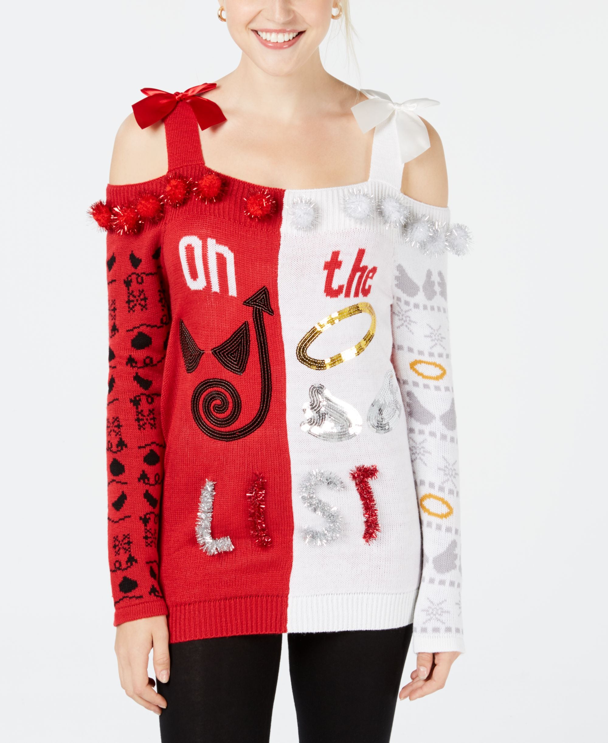 Planet Gold Juniors Naughty Or Nice Cold Shoulder Sweater