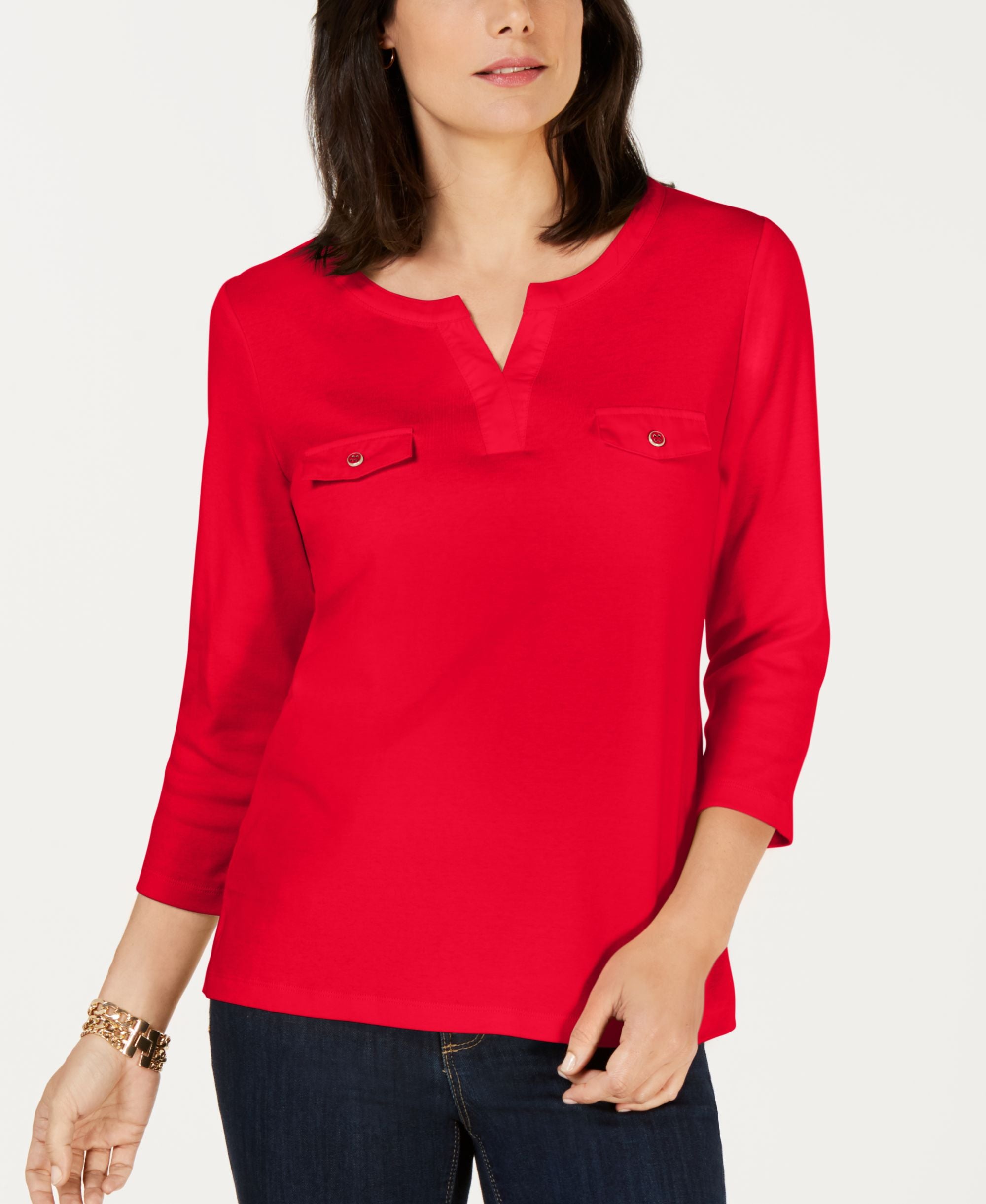 Karen Scott Cotton Split Neck Knit Top