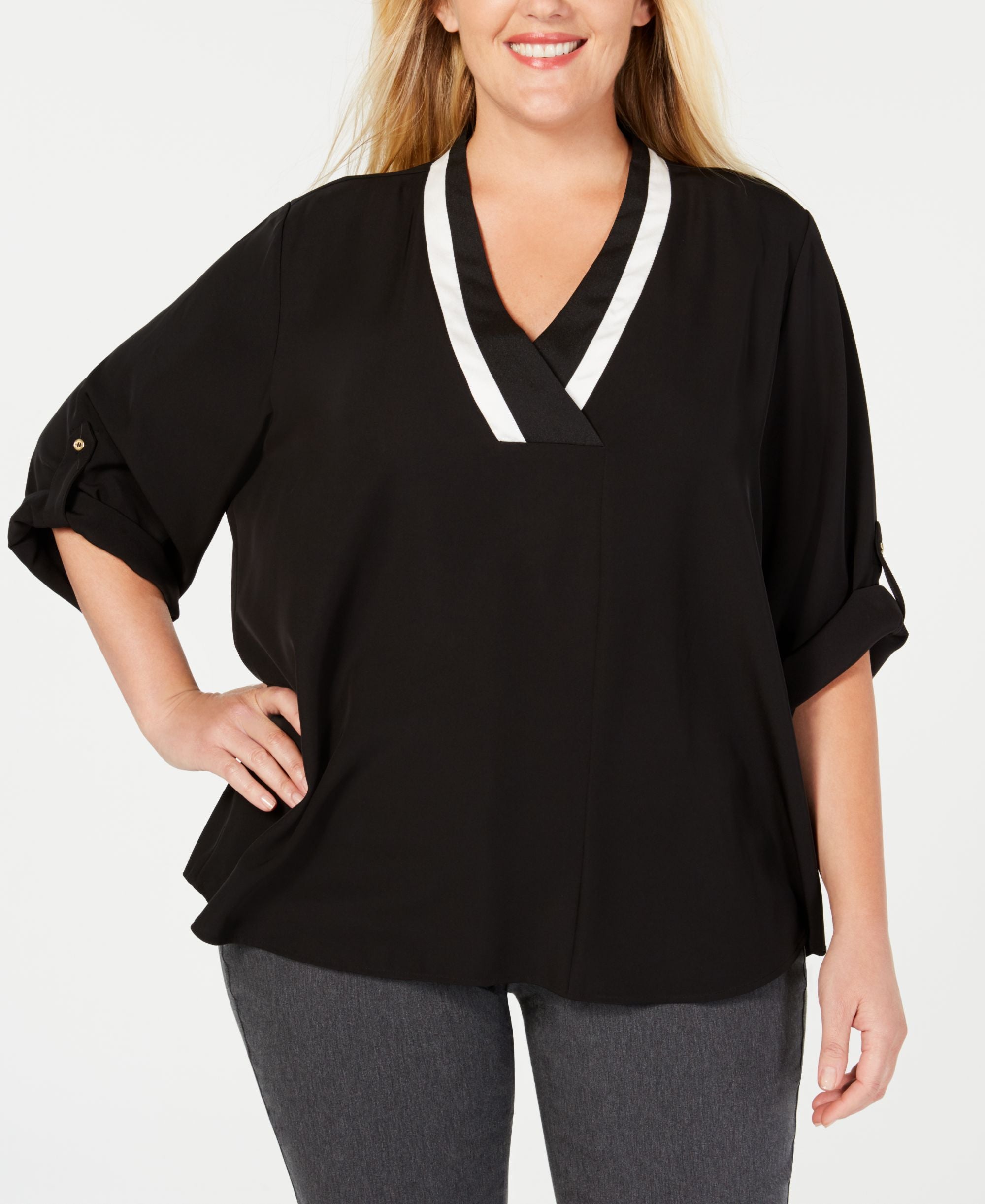 Calvin Klein Plus Size Contrast Trim Roll Tab Sleeve Top