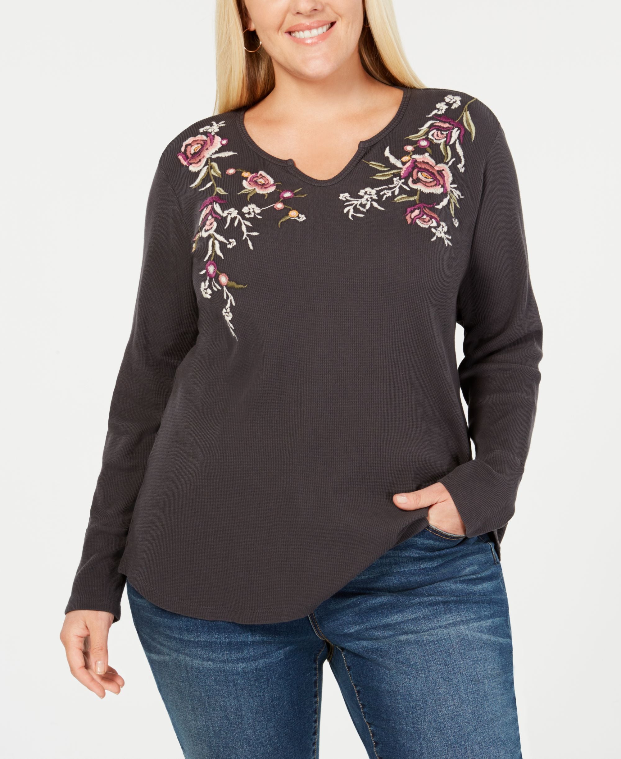Style & Co Plus Size Cotton Embroidered Thermal Top
