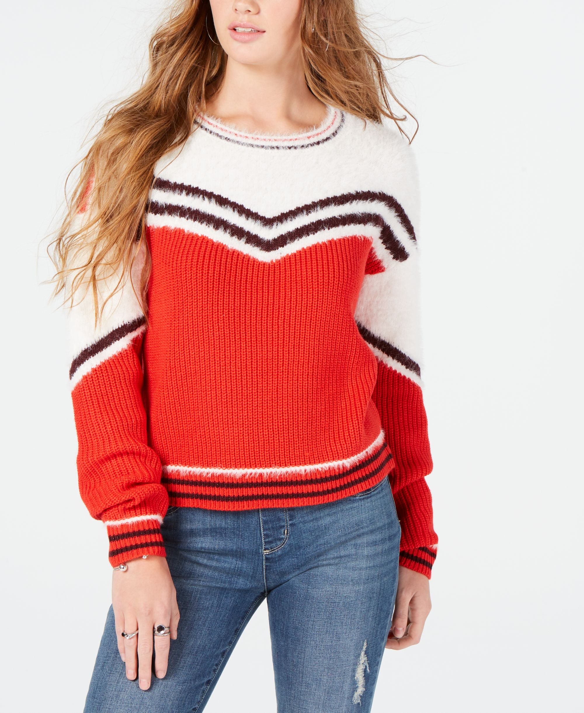 Ohmg Juniors Eyelash Trim Striped Sweater