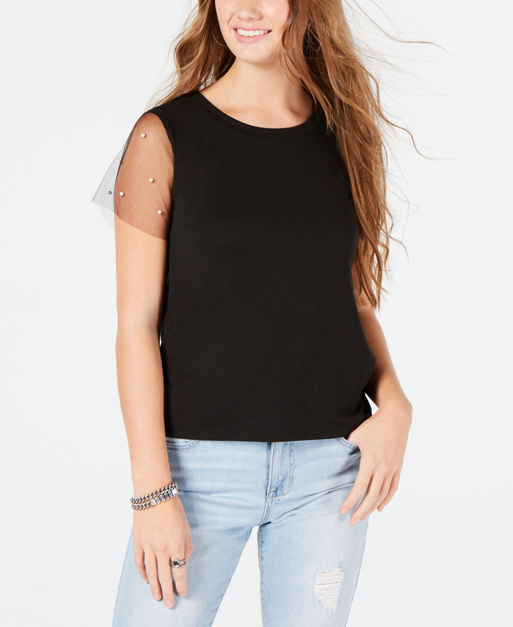 Crave Fame Juniors Sheer Sleeve Embellished Top