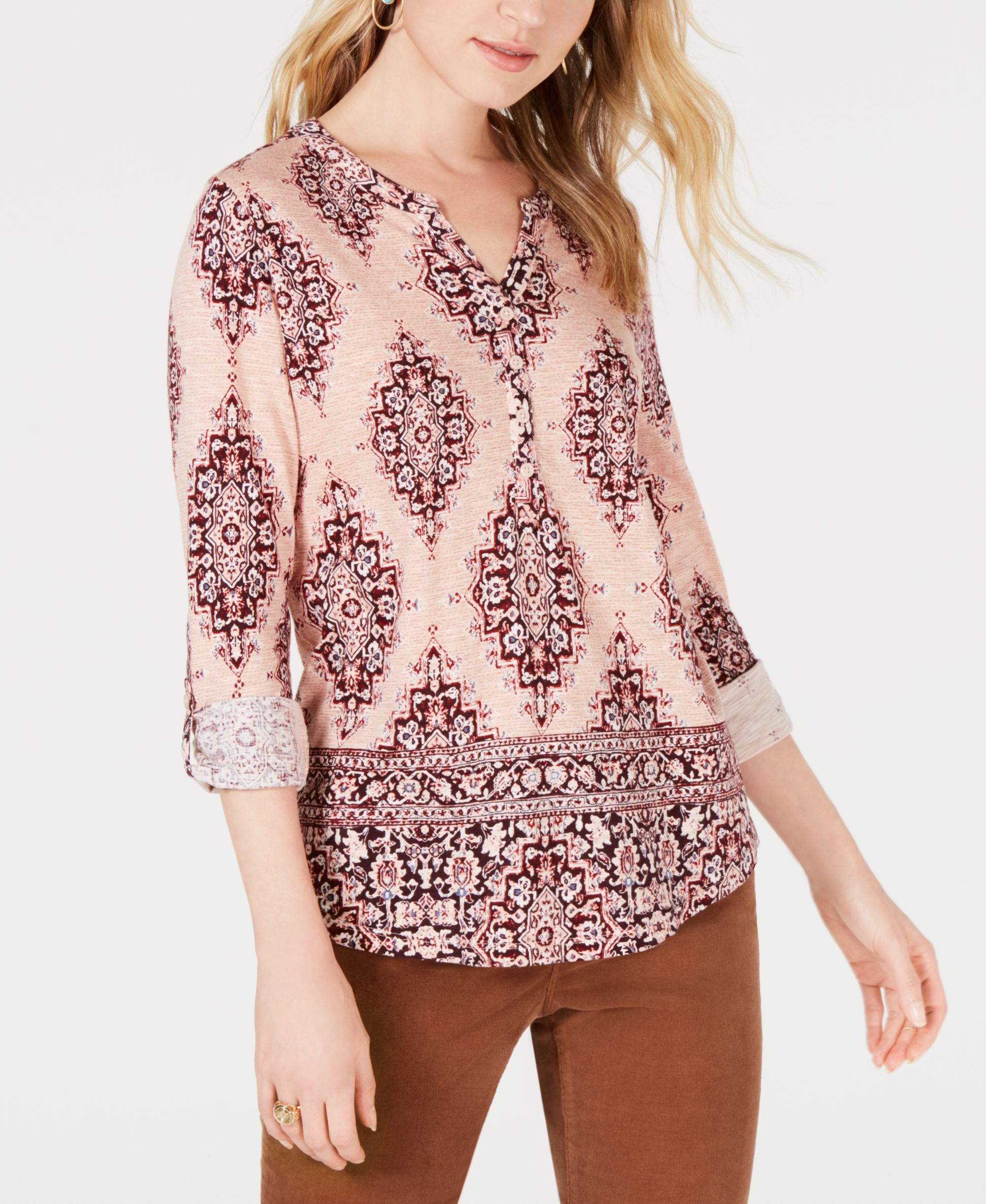 Style & Co Petite Printed Roll Tab Sleeve Top