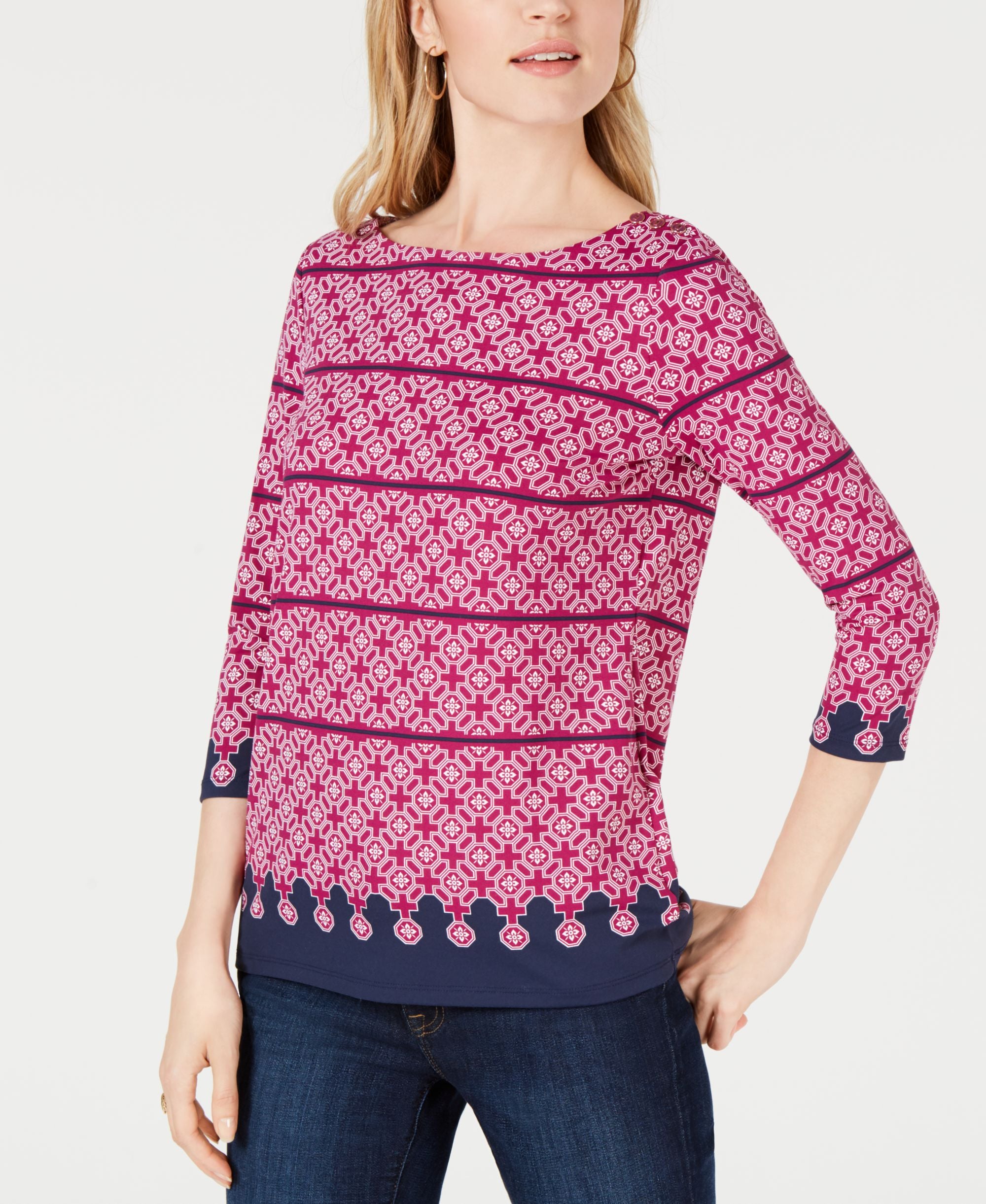 Charter Club Petite Printed Boatneck Top