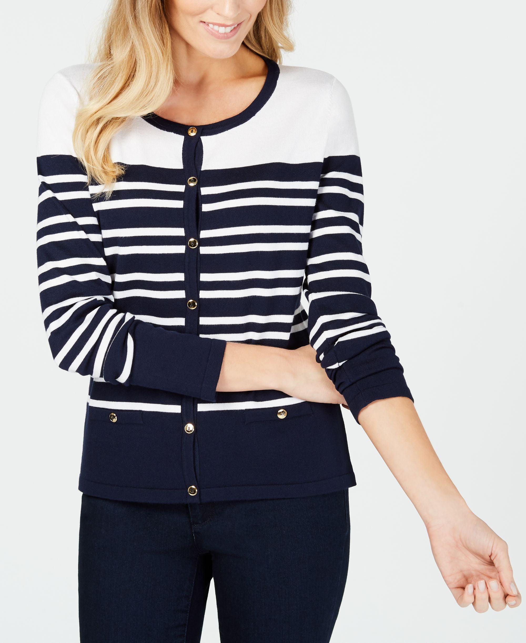 Karen Scott Striped Button Detail Cardigan