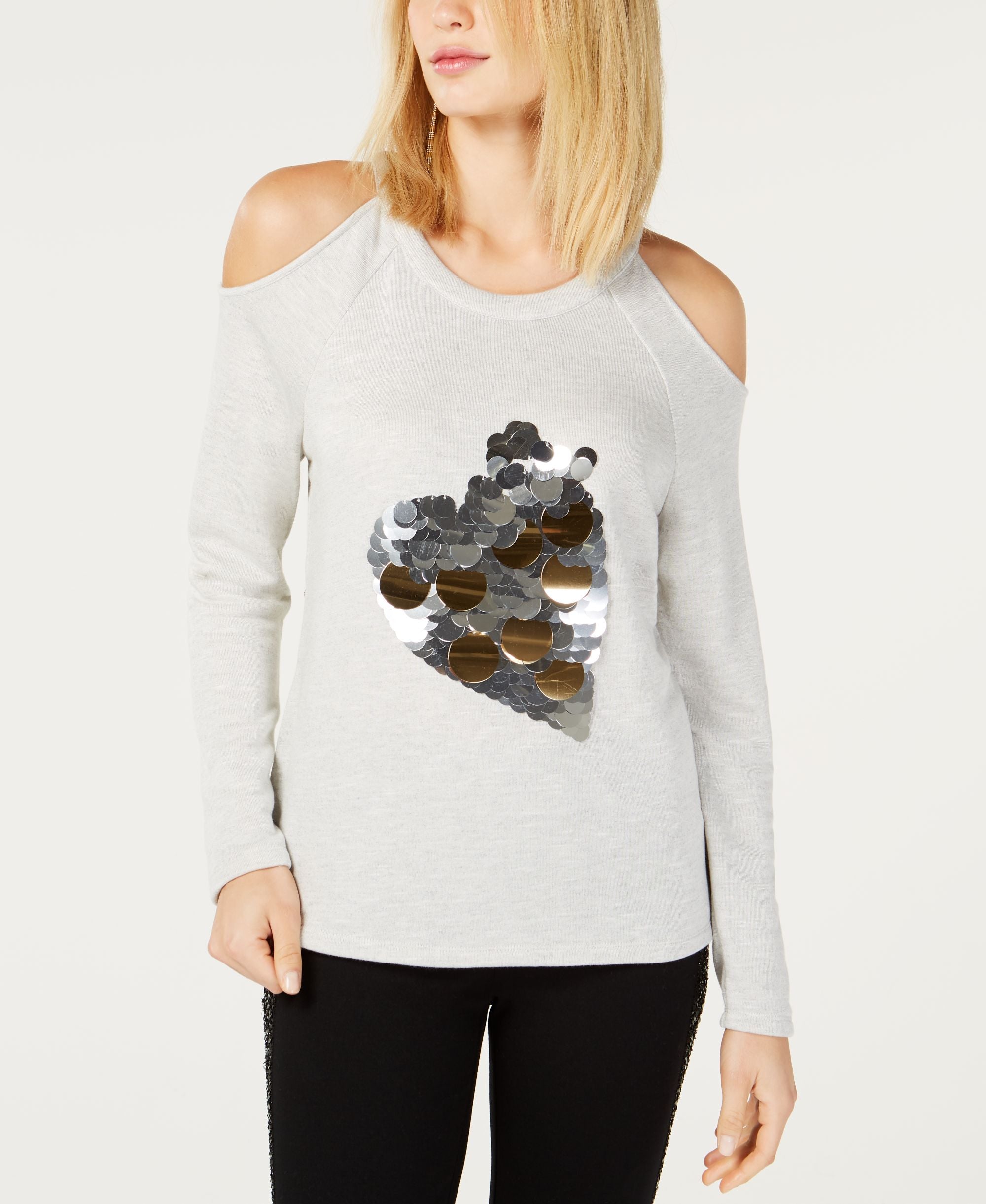 Sequin Heart Cold Shoulder Sweatshirt