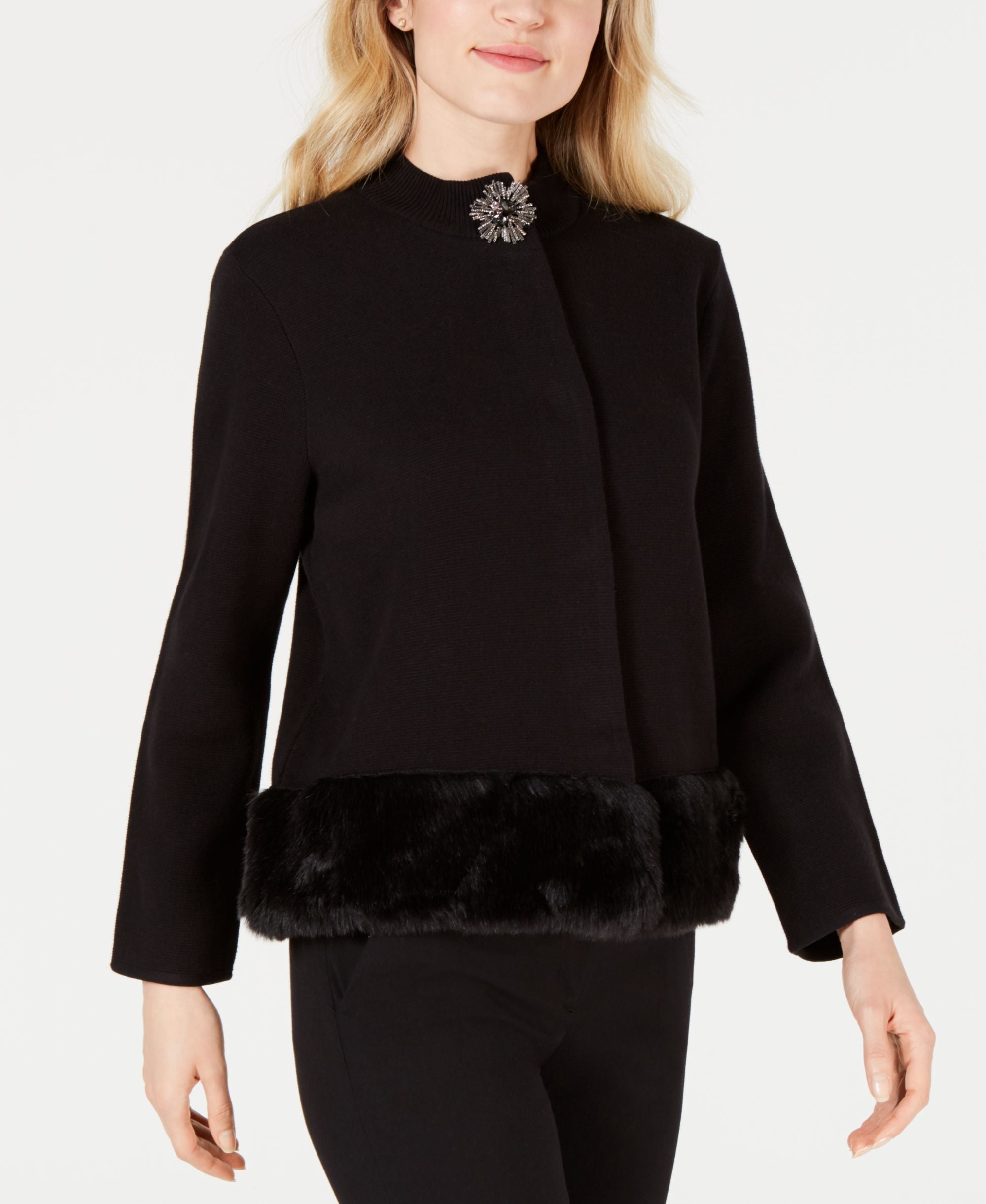 JM Collection Faux Fur Trim Sweater Jacket