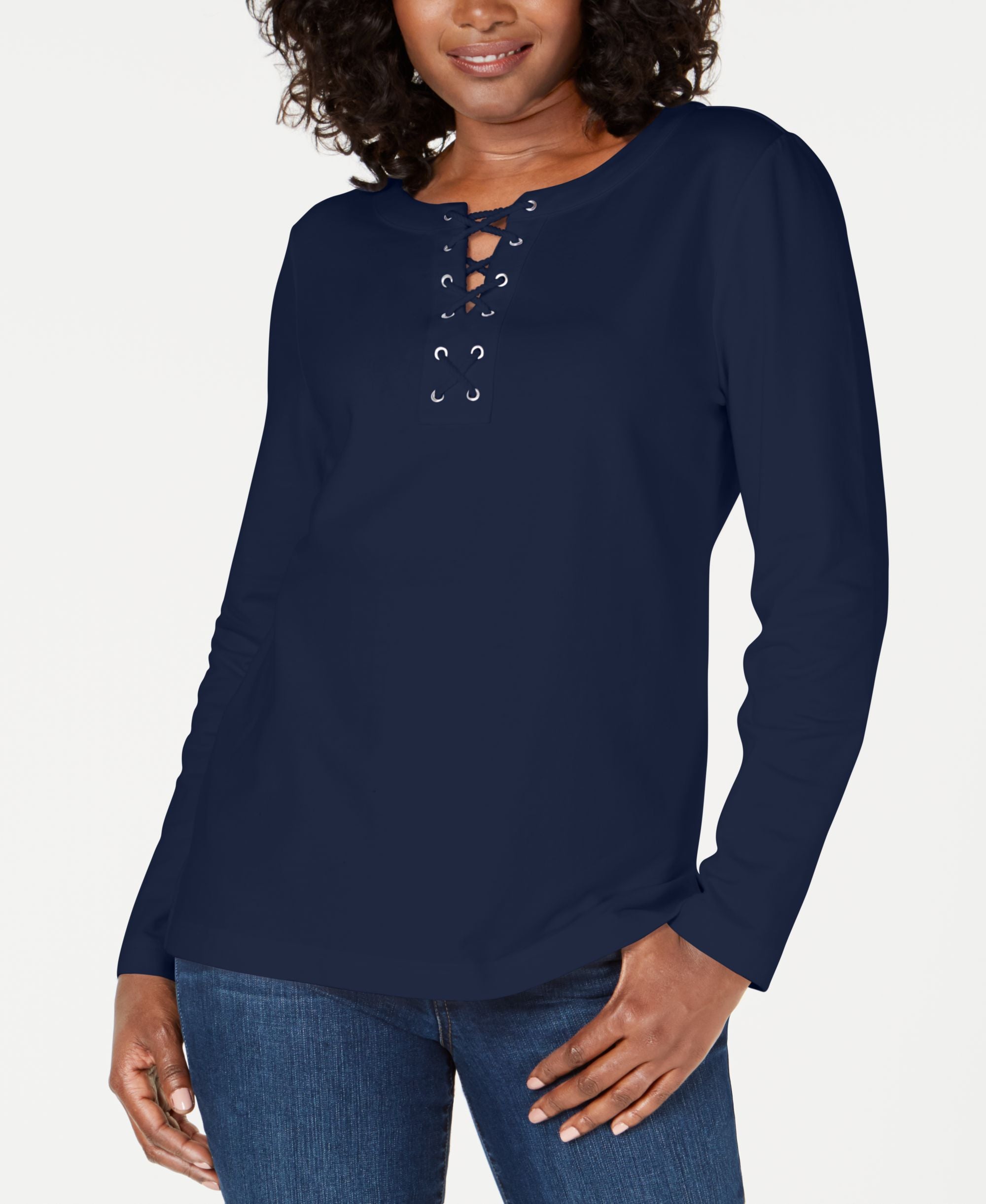 Karen Scott Petite Striped Lace Up Top