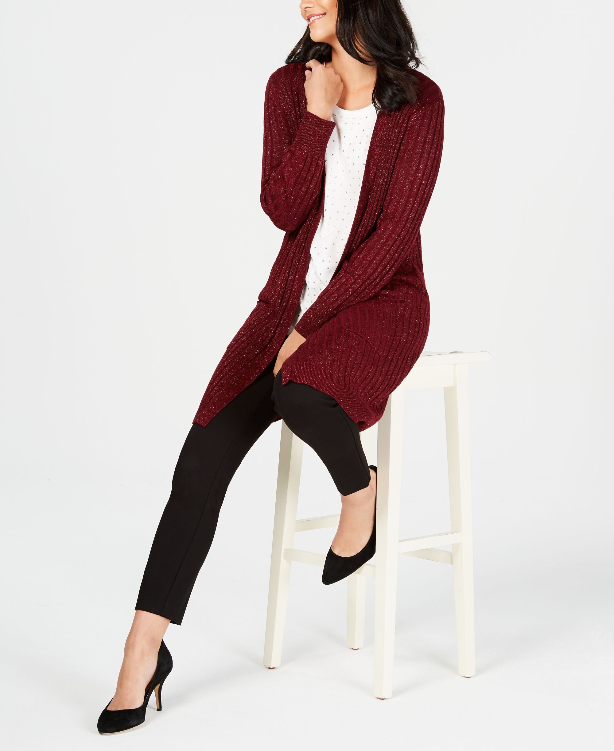 JM Collection Ribbed Metallic Cardigan