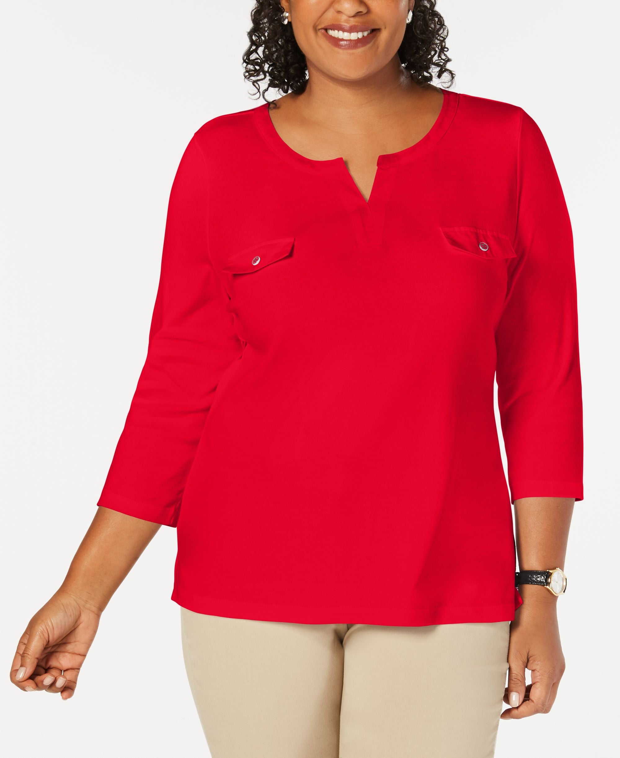 Karen Scott Plus Size Cotton Split Neck Top