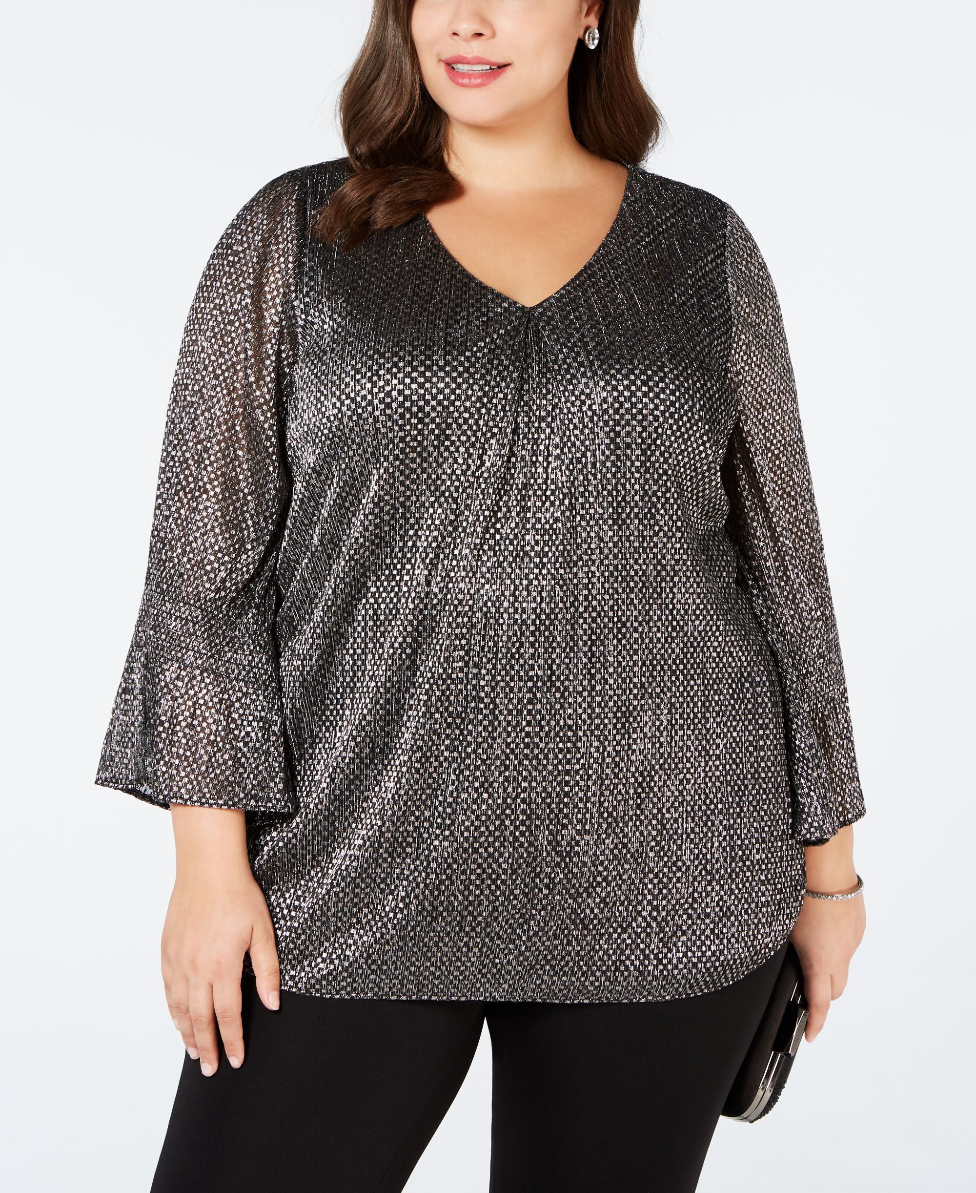 Plus Size Knit Foil Smock-Sleeve Top