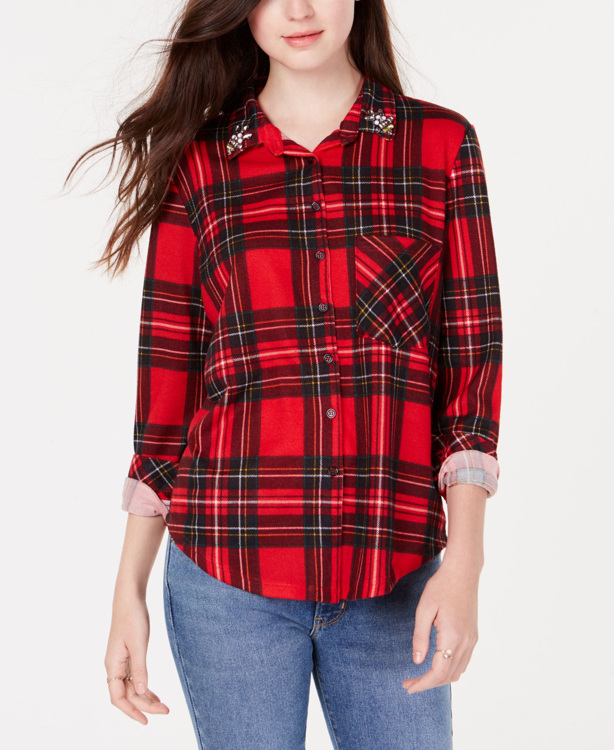 Project 28 Nyc Juniors Embellished Plaid Button Up Shirt