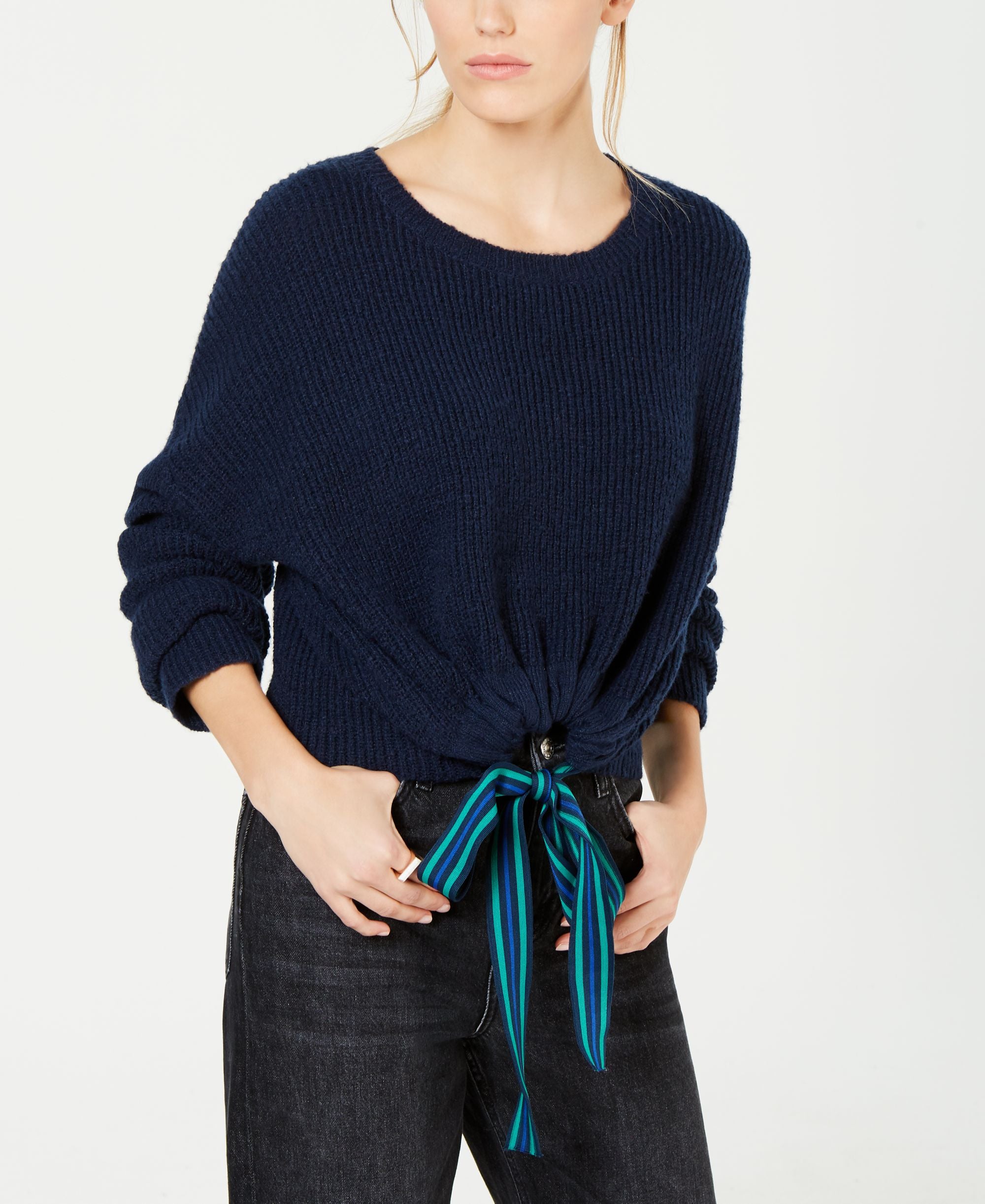 Crave Fame Juniors Ribbon Tie Cropped Sweater
