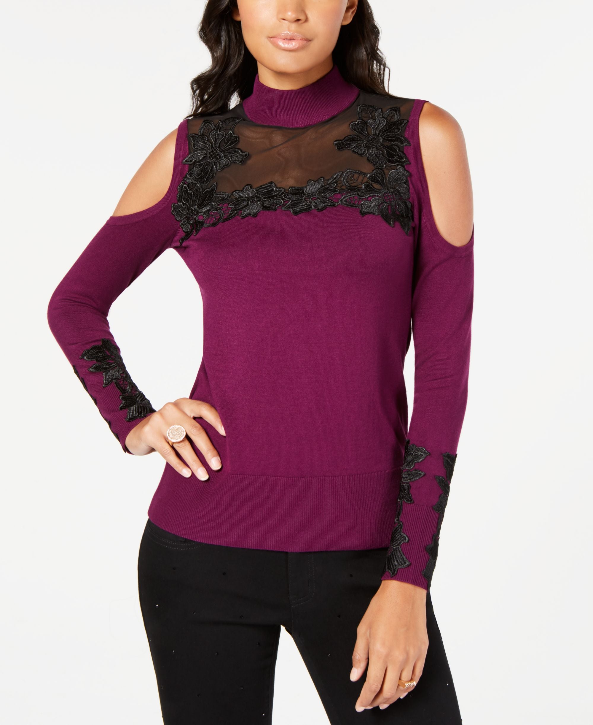 Thalia Sodi Mock Neck Cold Shoulder Sweater