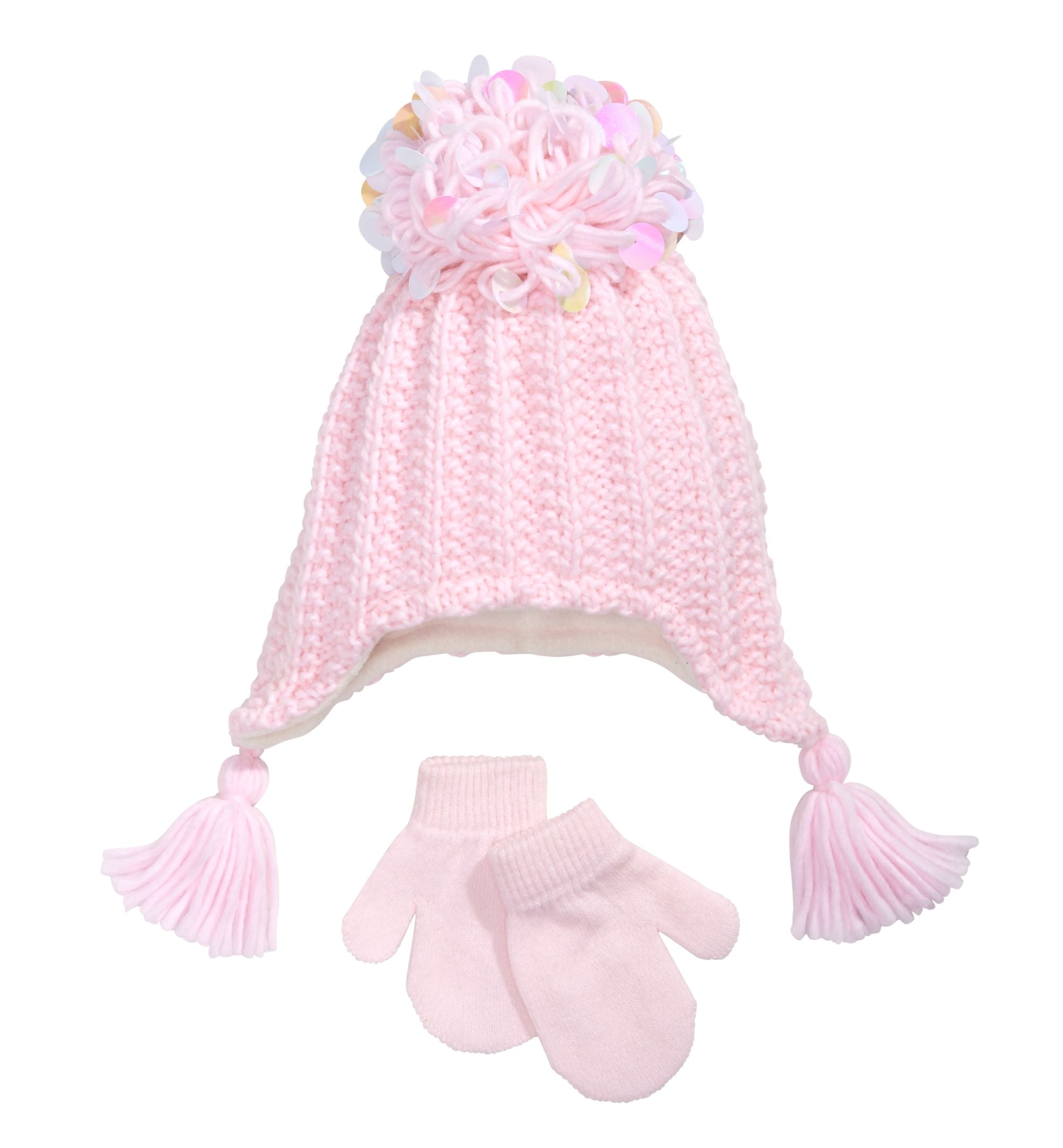 Fab Toddler Girls 2 Pc. Sequinned Tassels Hat Mittens Set