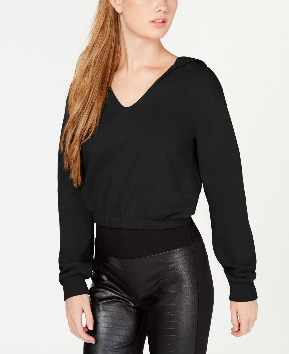 Juniors' V-Neck Balloon-Sleeve Hoodie