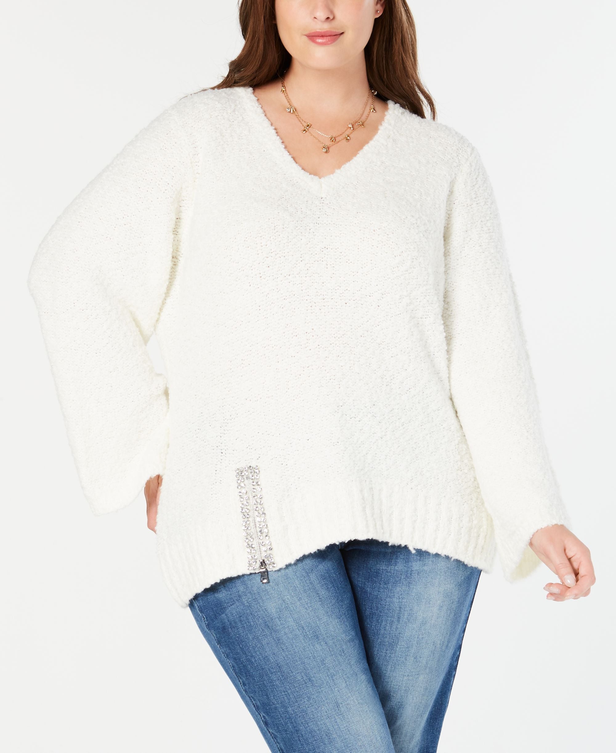 I.N.C. Plus Size Rhinestone-Zipper Sweater