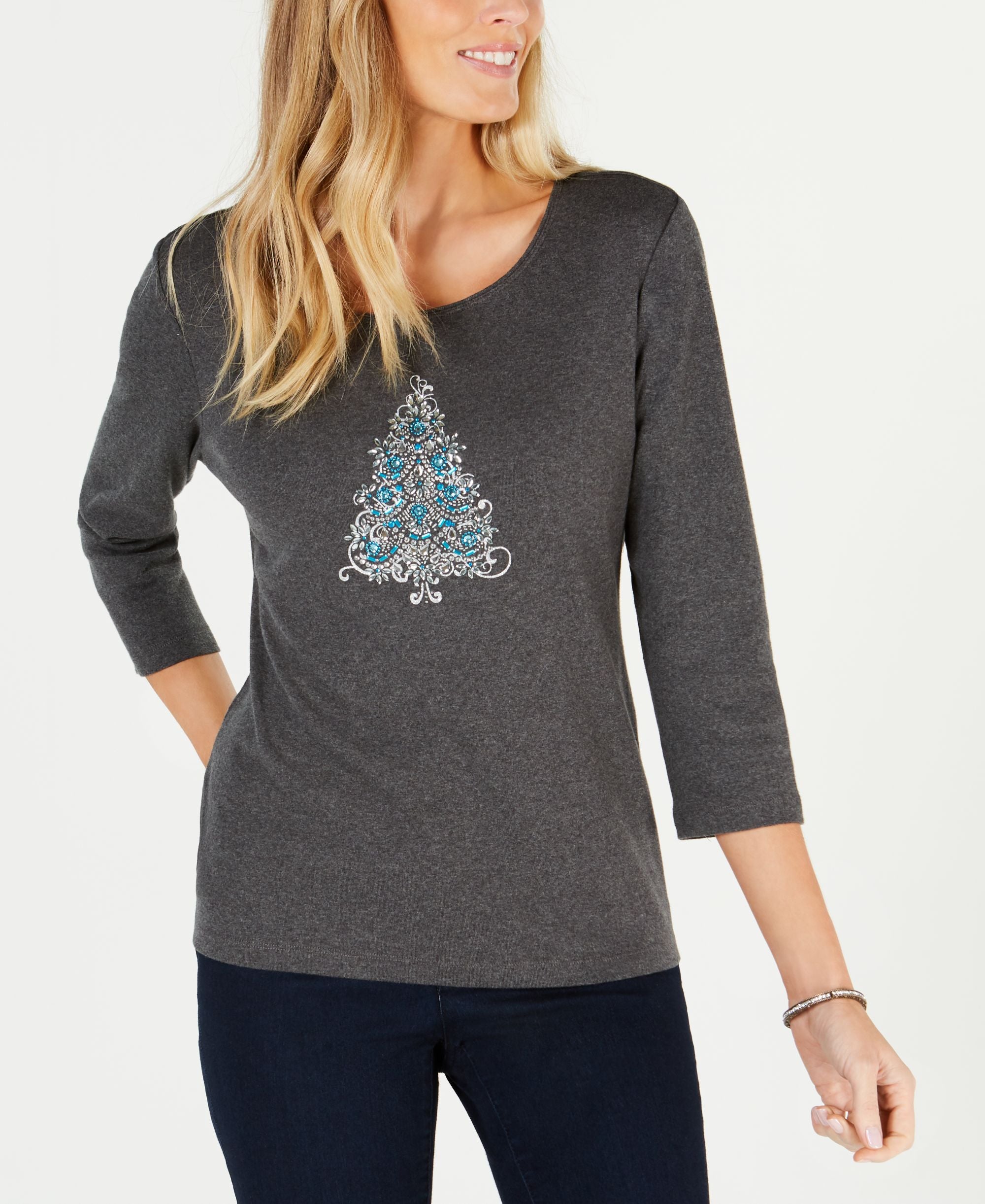 Karen Scott Petite Sparkle Tree Cotton Top