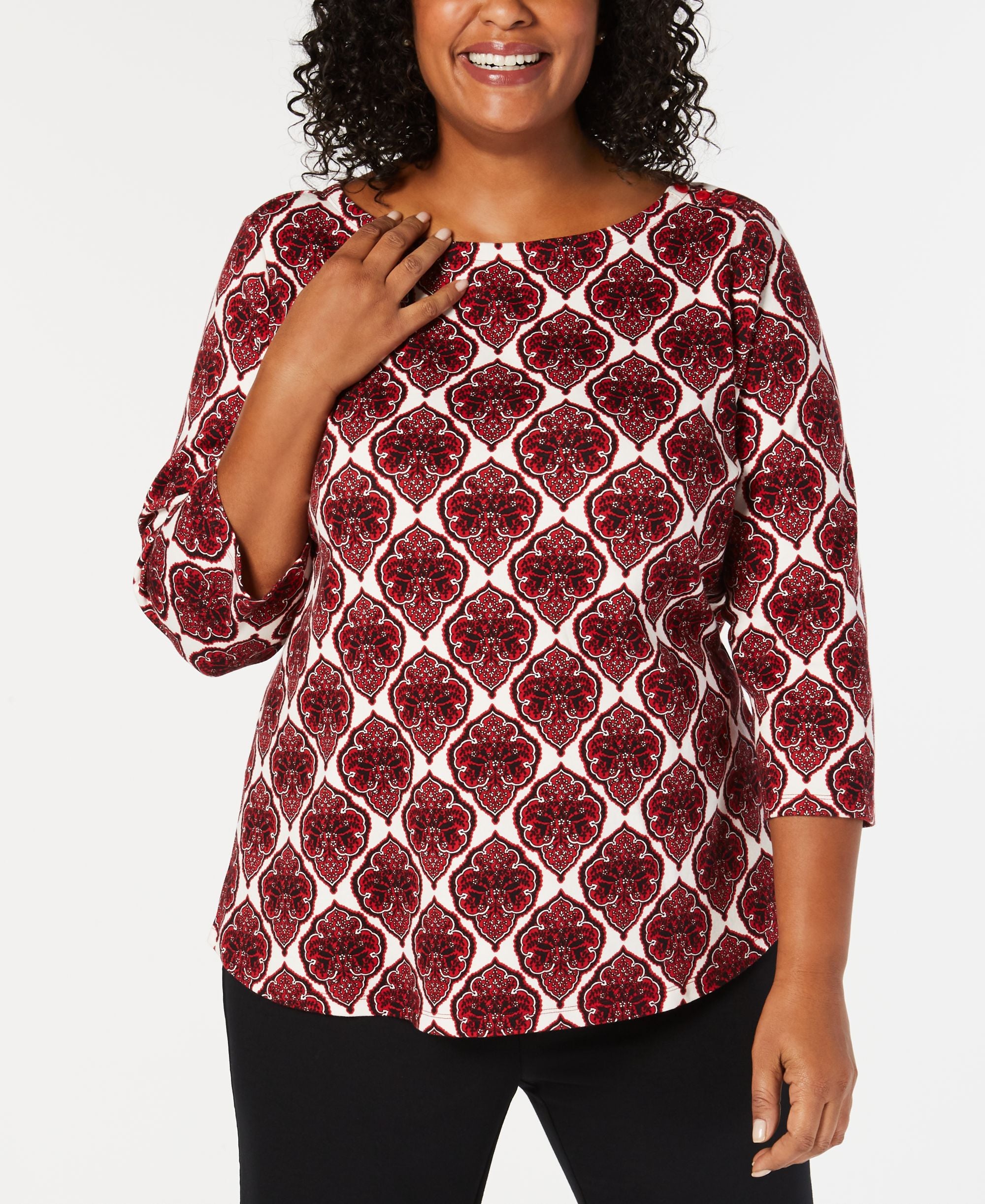 Plus Size Cotton Printed 3/4-Sleeve Top