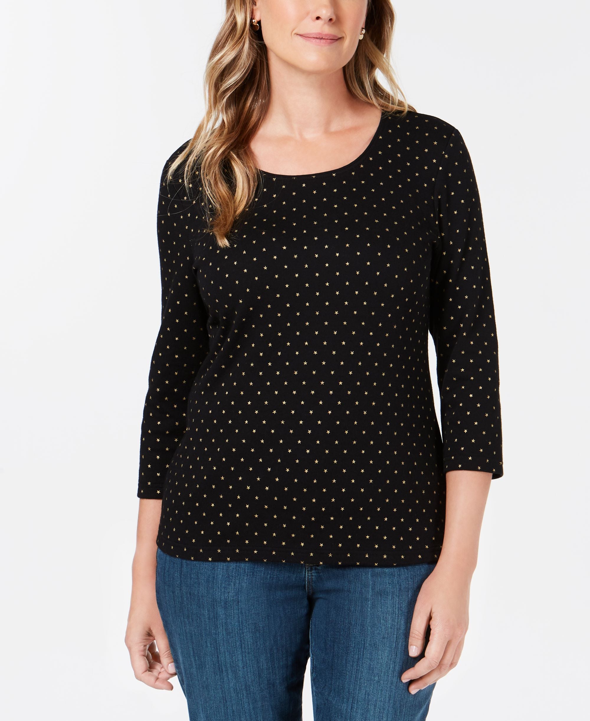 Karen Scott Petite Star Print Scoop Neck Top