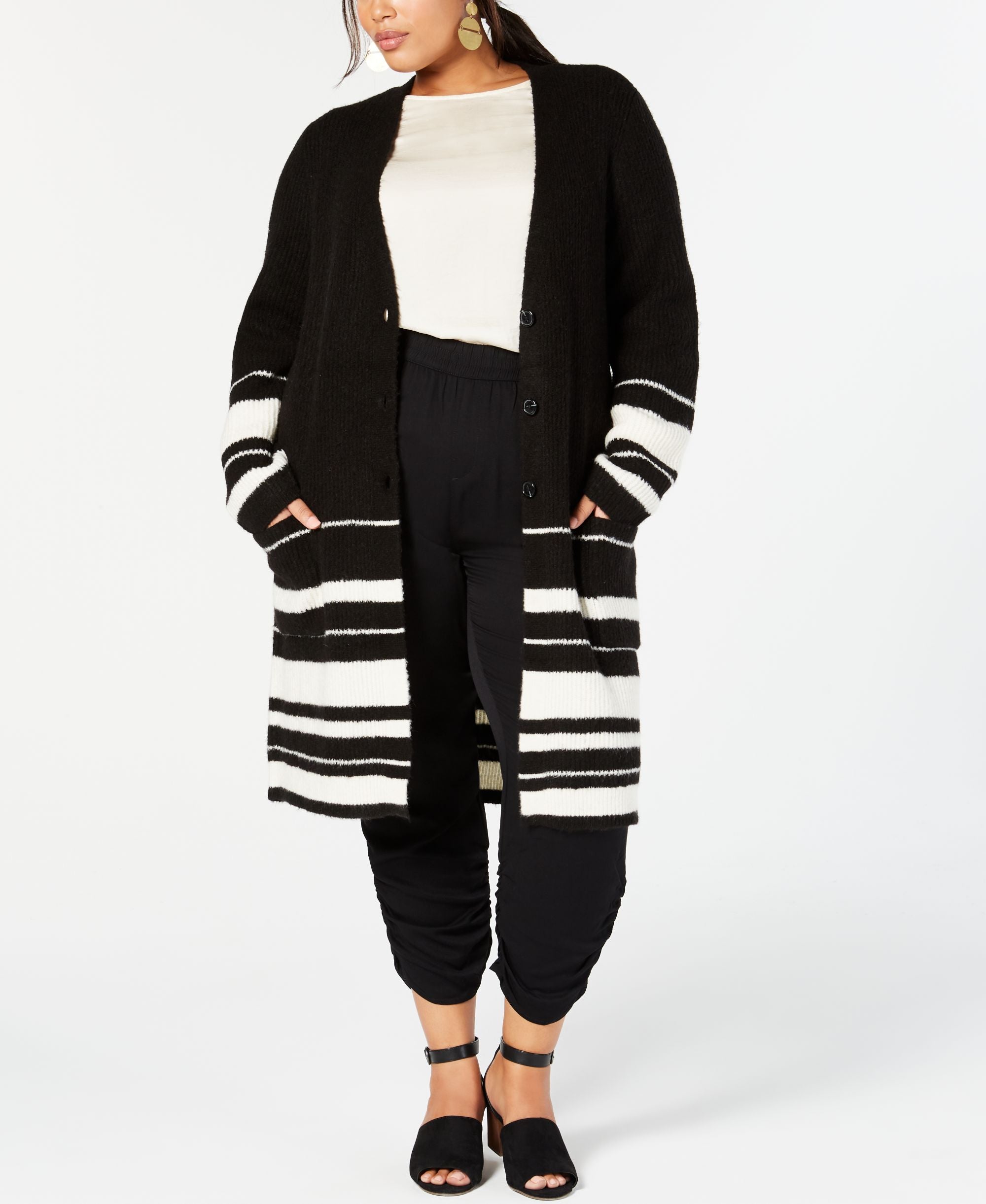 Plus Size Half-Striped Long Cardigan Sweater