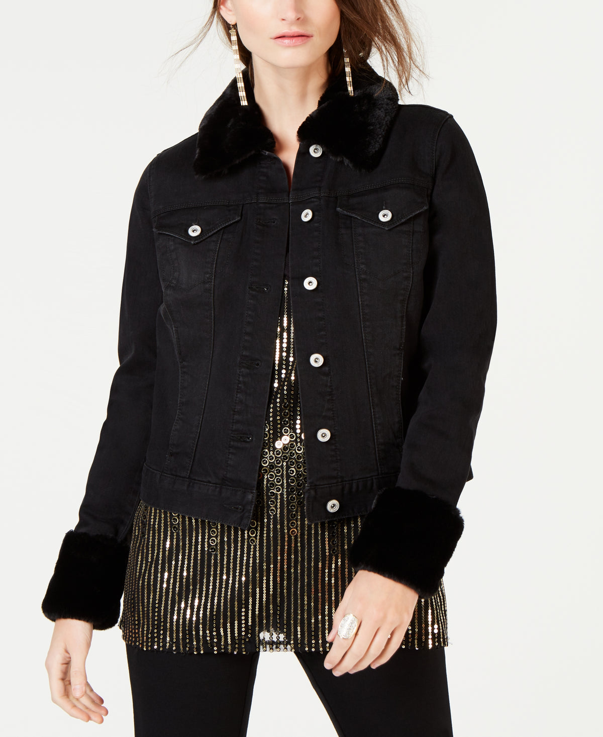 INC Leopard-Print Faux-Fur Trim Denim Jacket