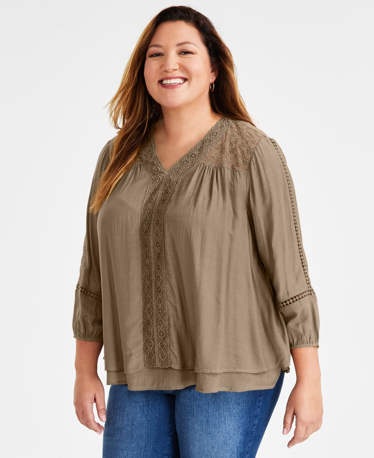 Plus Size Lace-Trim Long-Sleeve Top