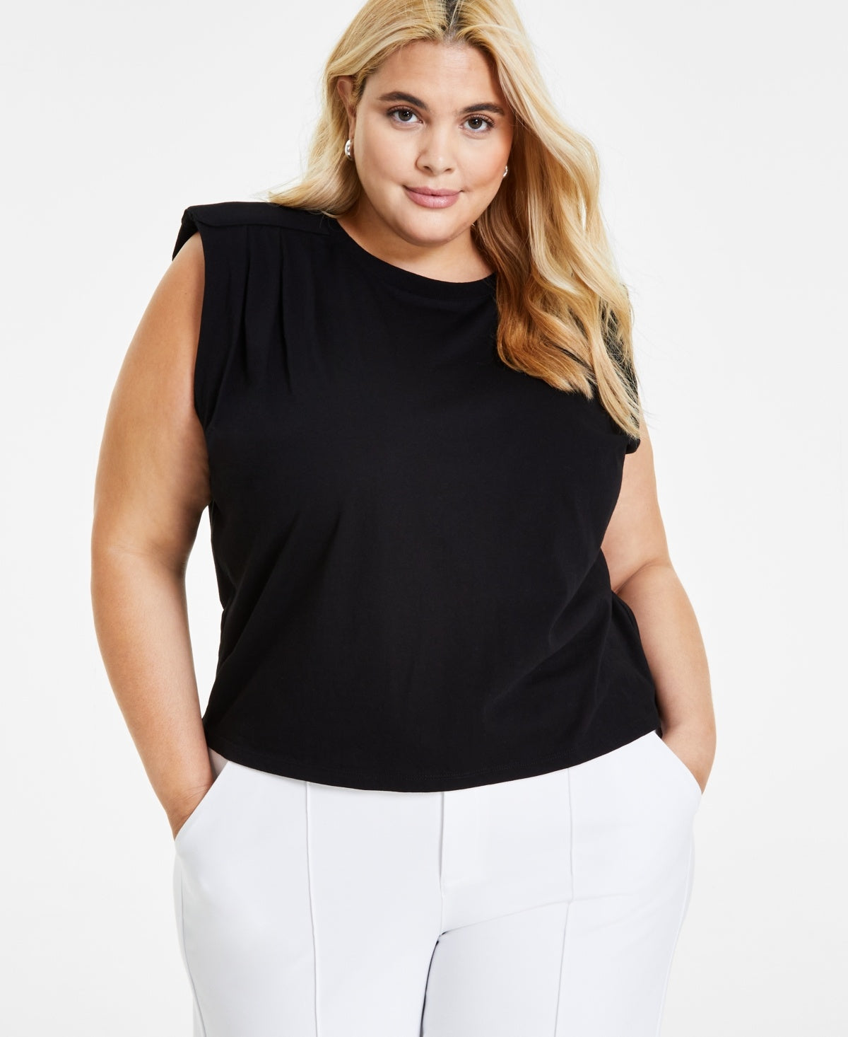 Plus Size Cotton Pleated-Shoulder Top