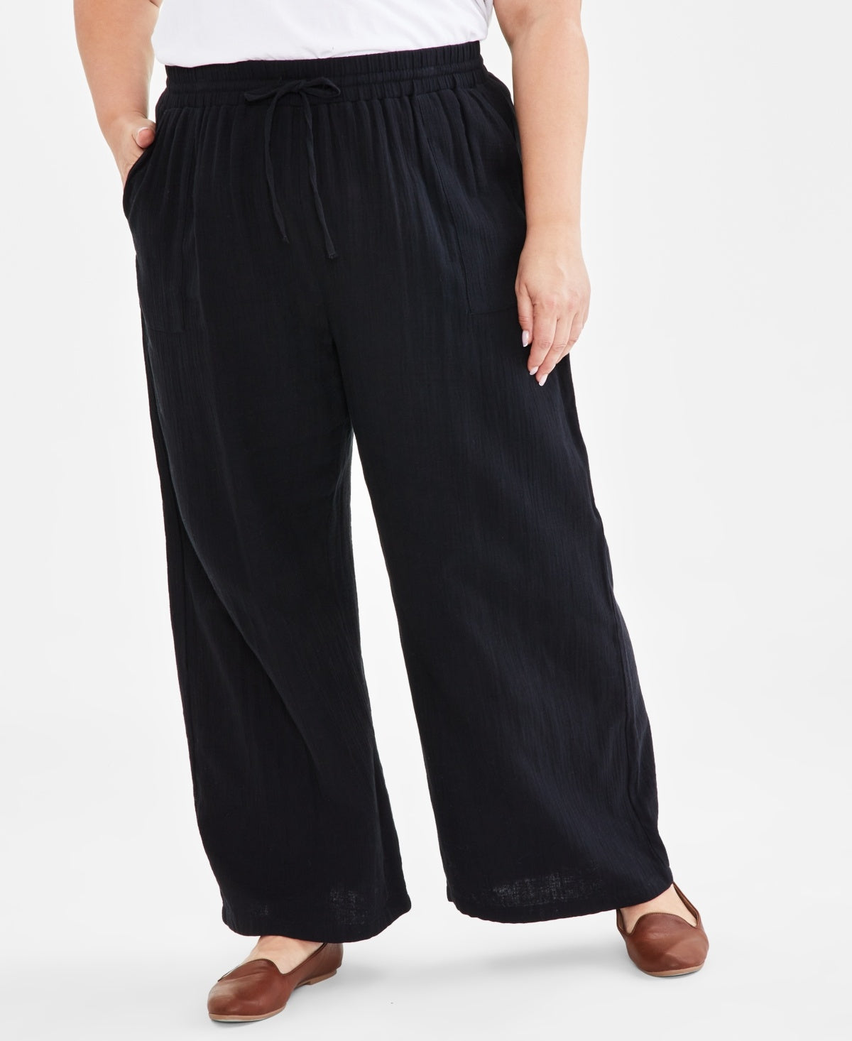 Plus Size Gauze Wide-Leg Pull-On Pants