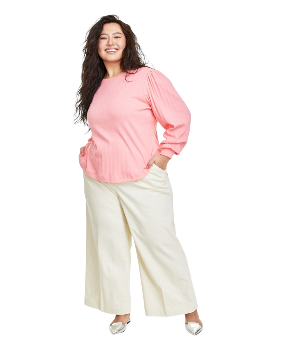 Plus Size Pointelle-Rib Long-Sleeve Top