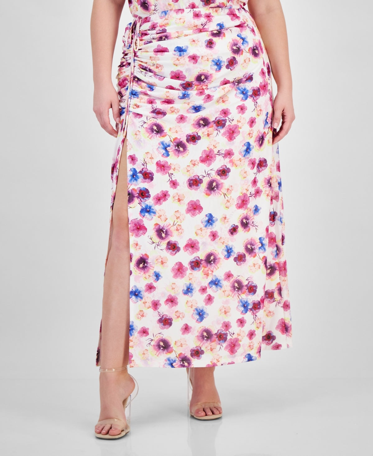 Plus Size Printed Ruched Slit-Front Mesh Maxi Skirt Tatiana Tropical 4X