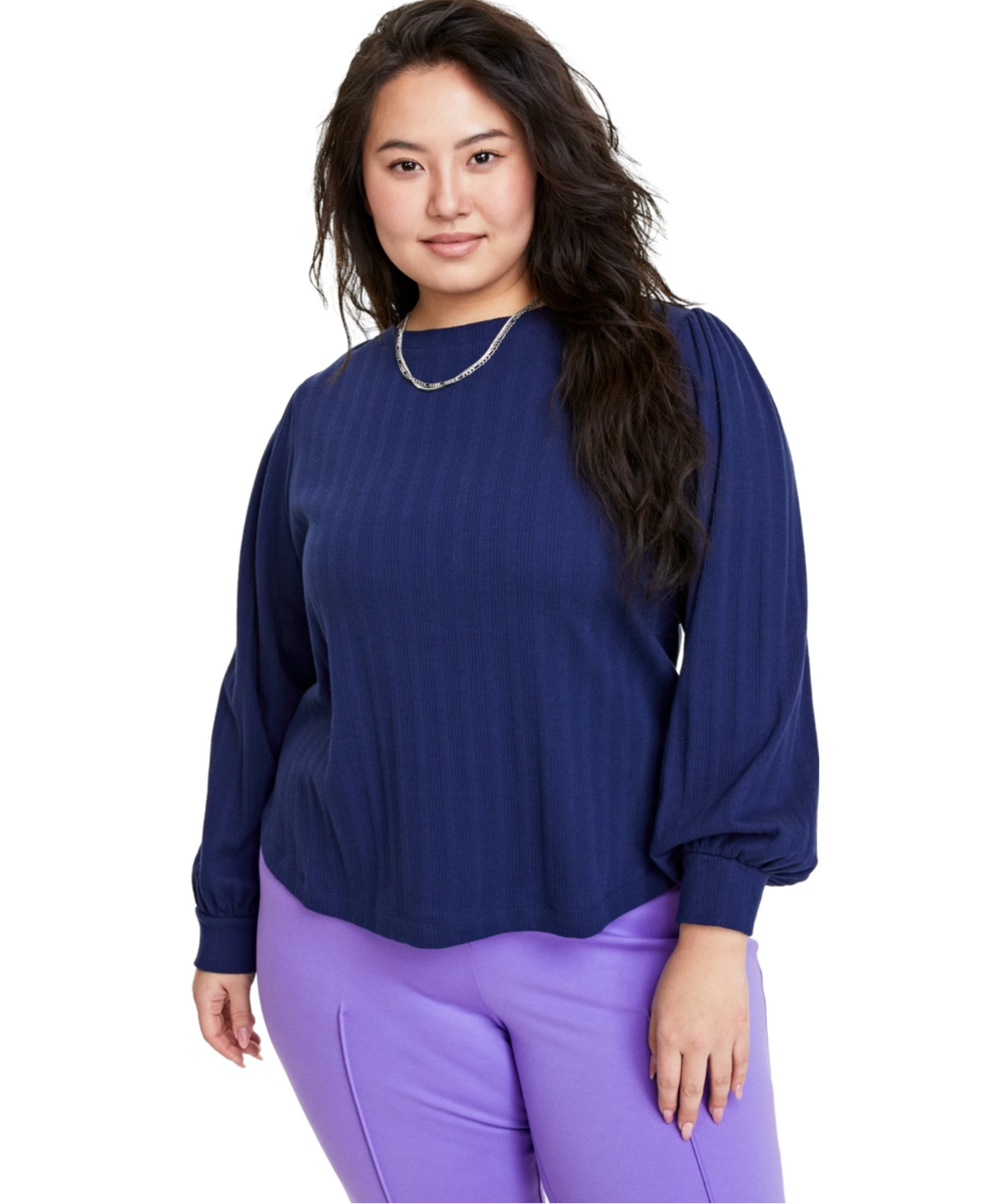Plus Size Pointelle-Rib Long-Sleeve Top