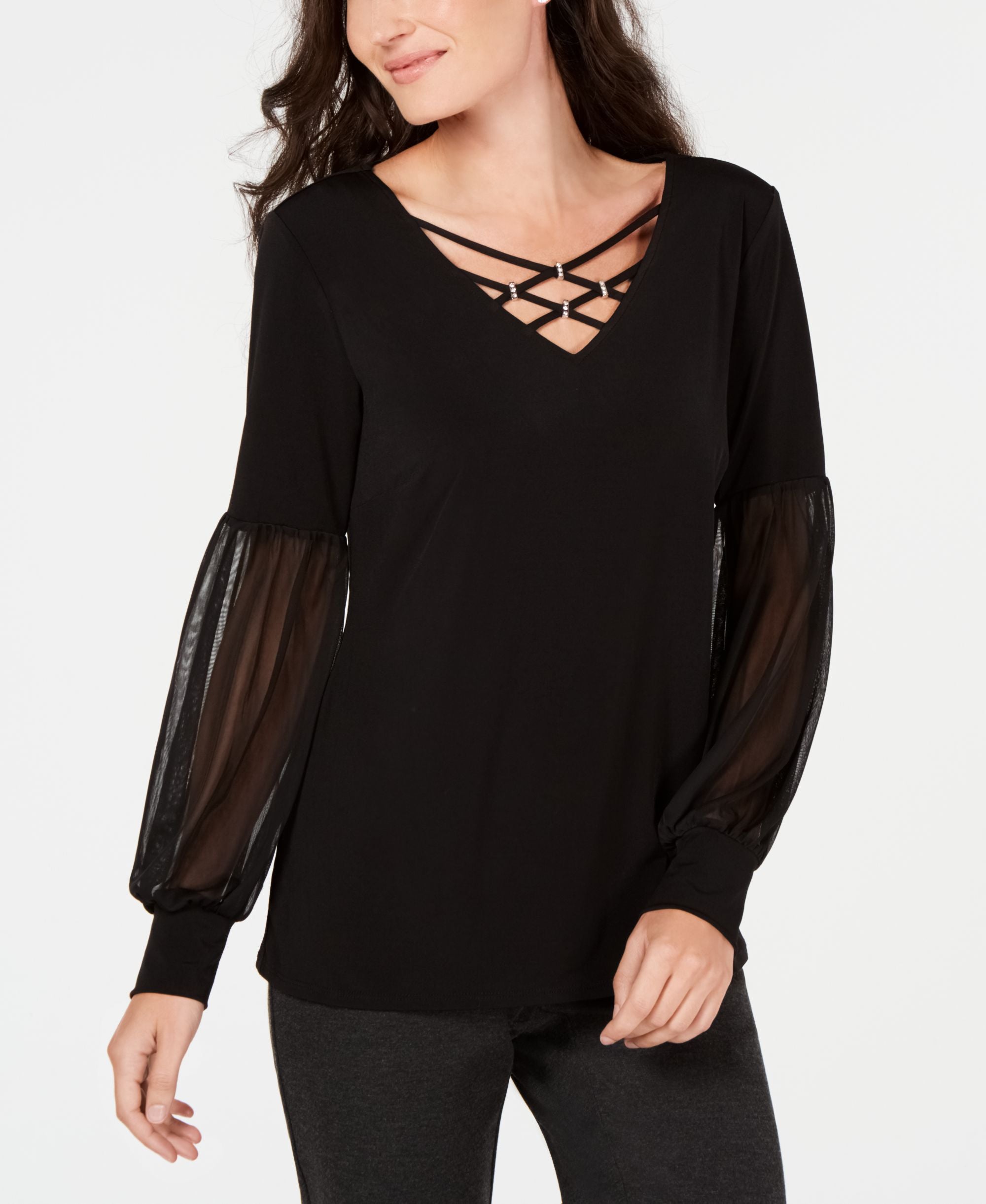 Embellished Chiffon-Sleeve Top