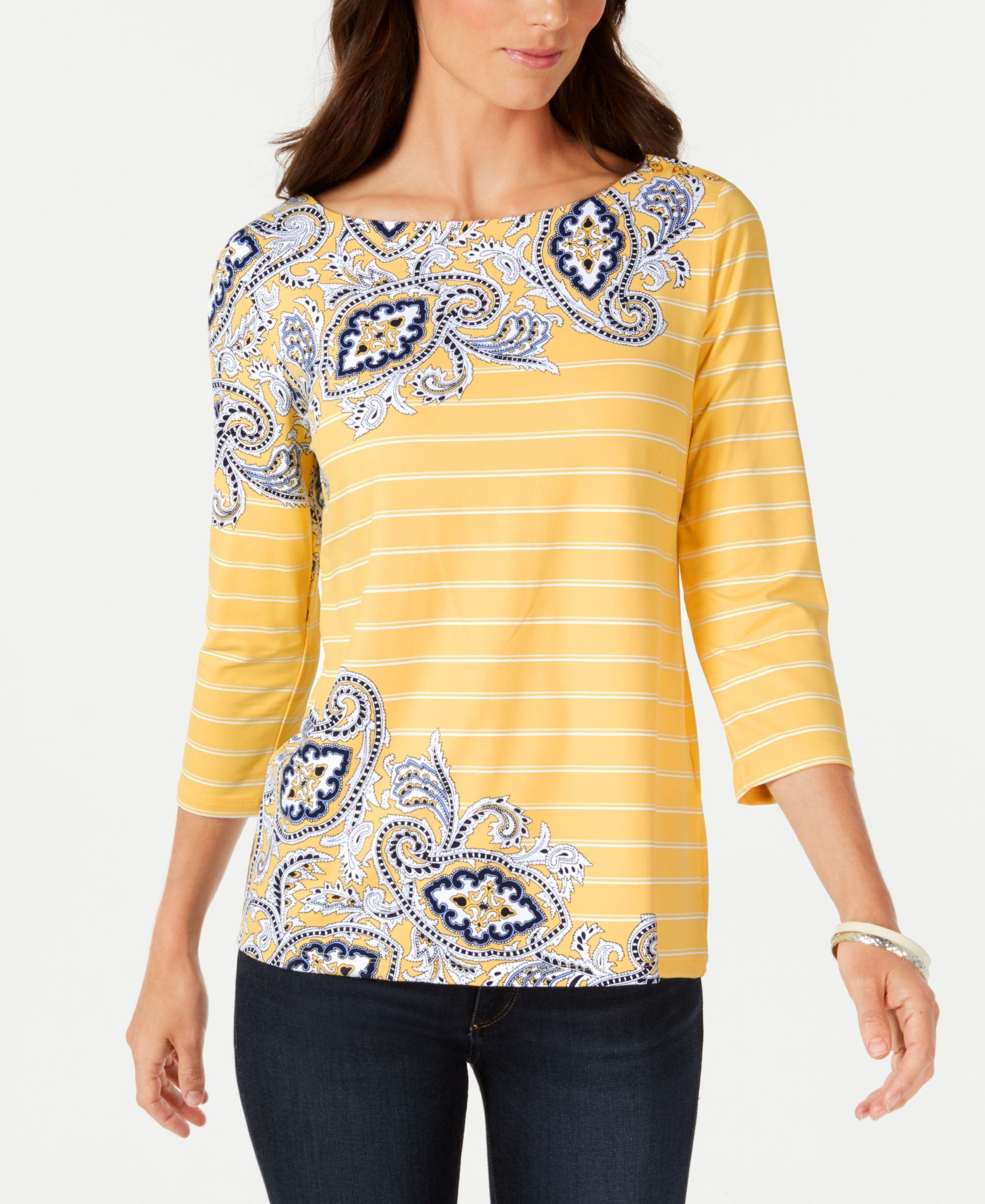 Charter Club Petite Mixed Print Boat Neck Top