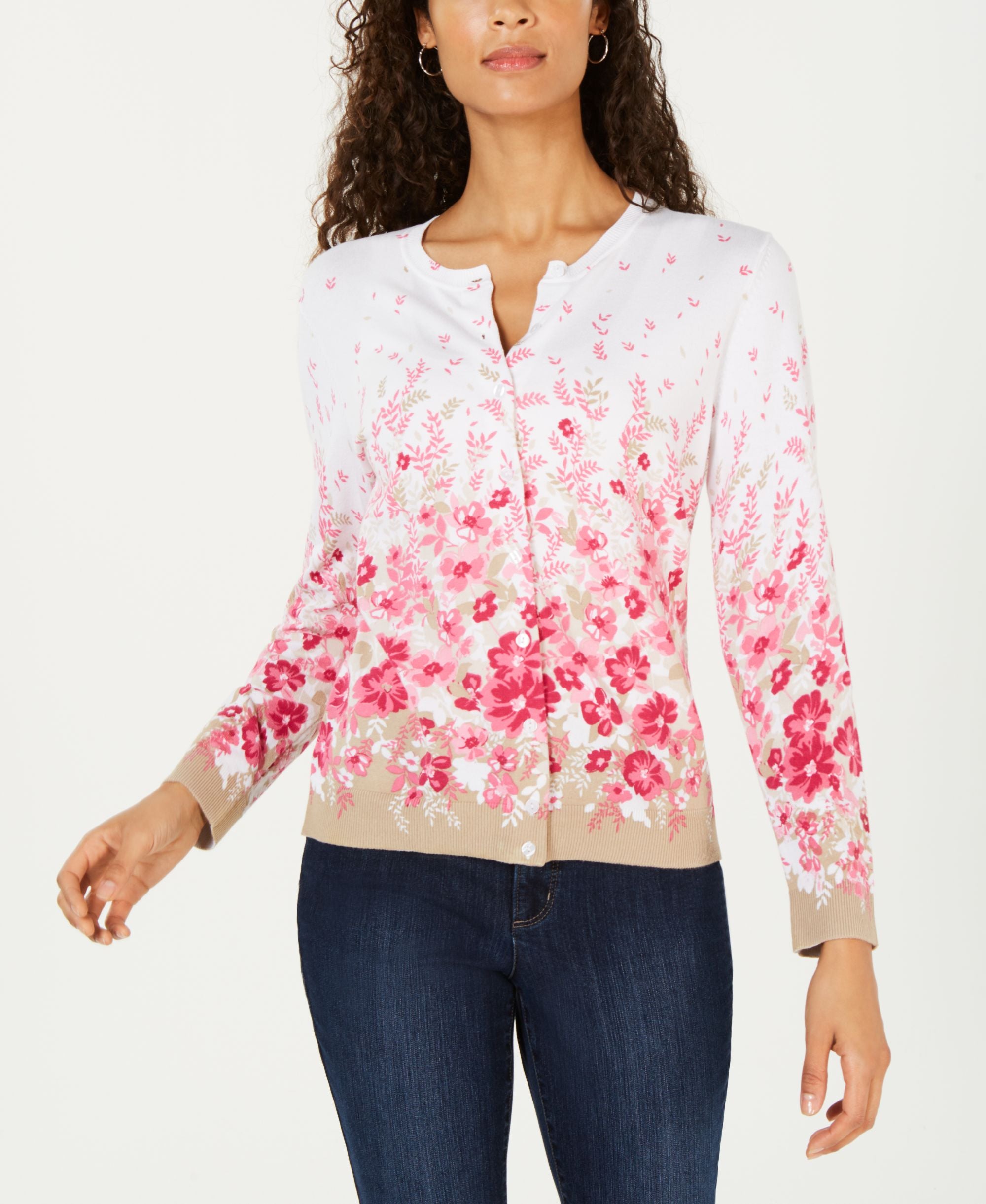 Karen Scott Allover Floral Print Cardigan Sweater