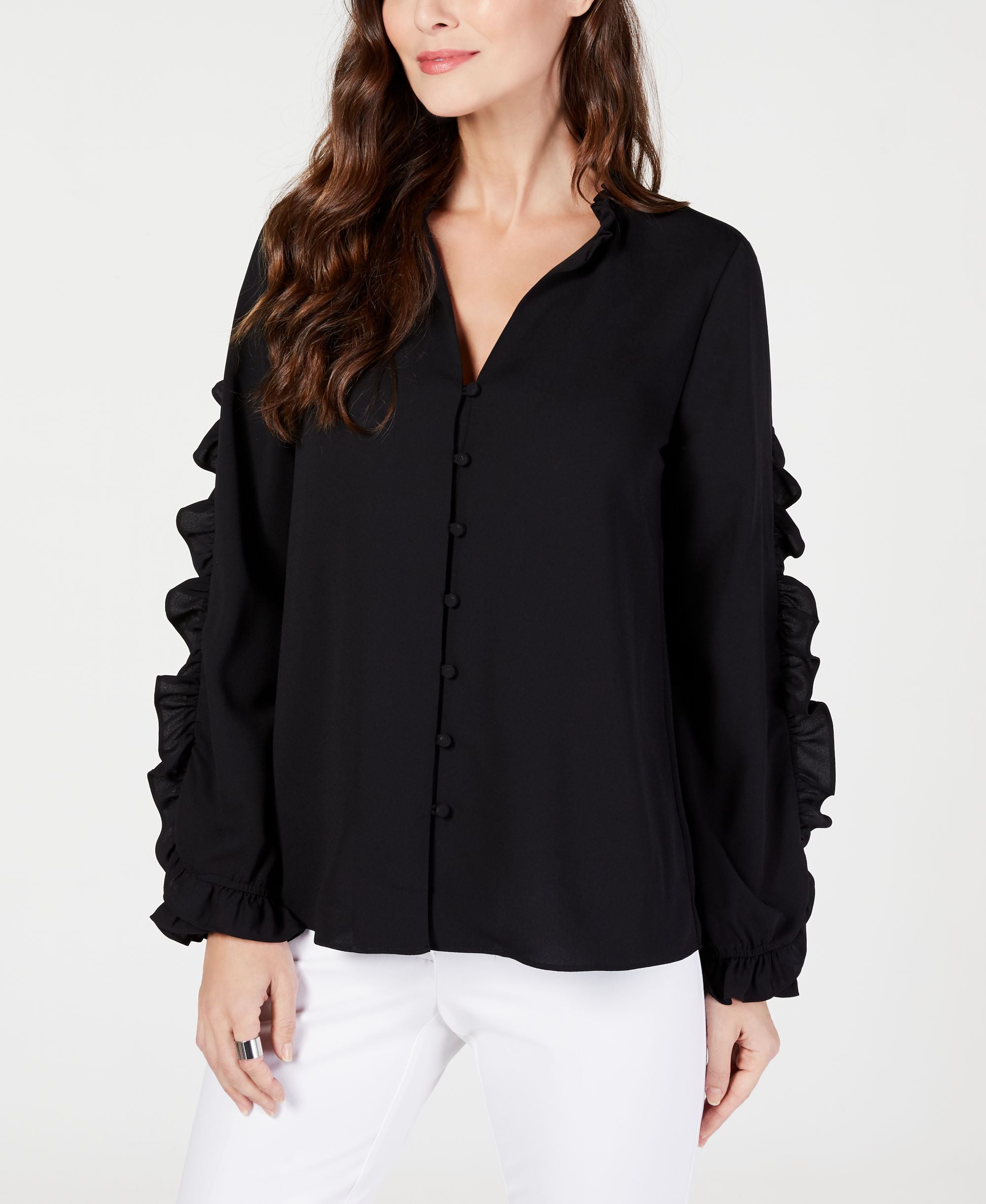 Alfani Ruffle Trim V Neck Blouse