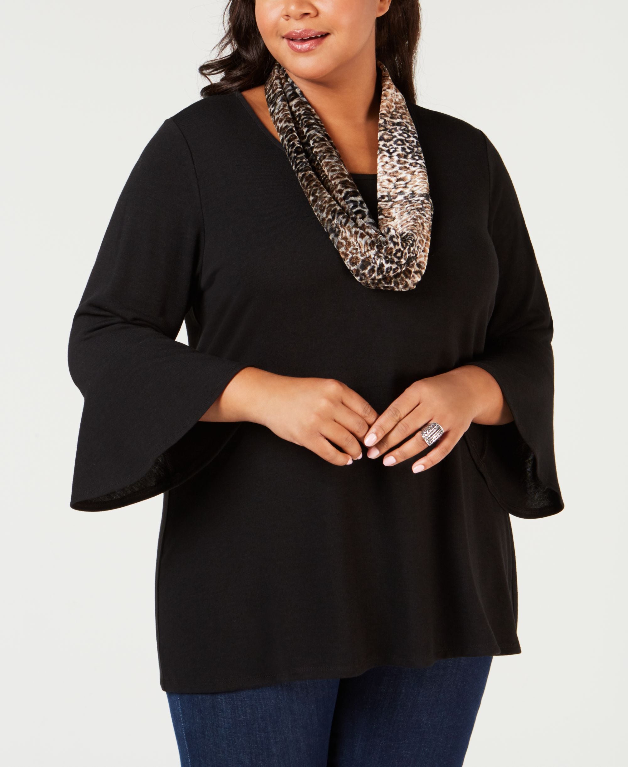 Plus Size Bell-Sleeve Top & Printed Velvet Scarf