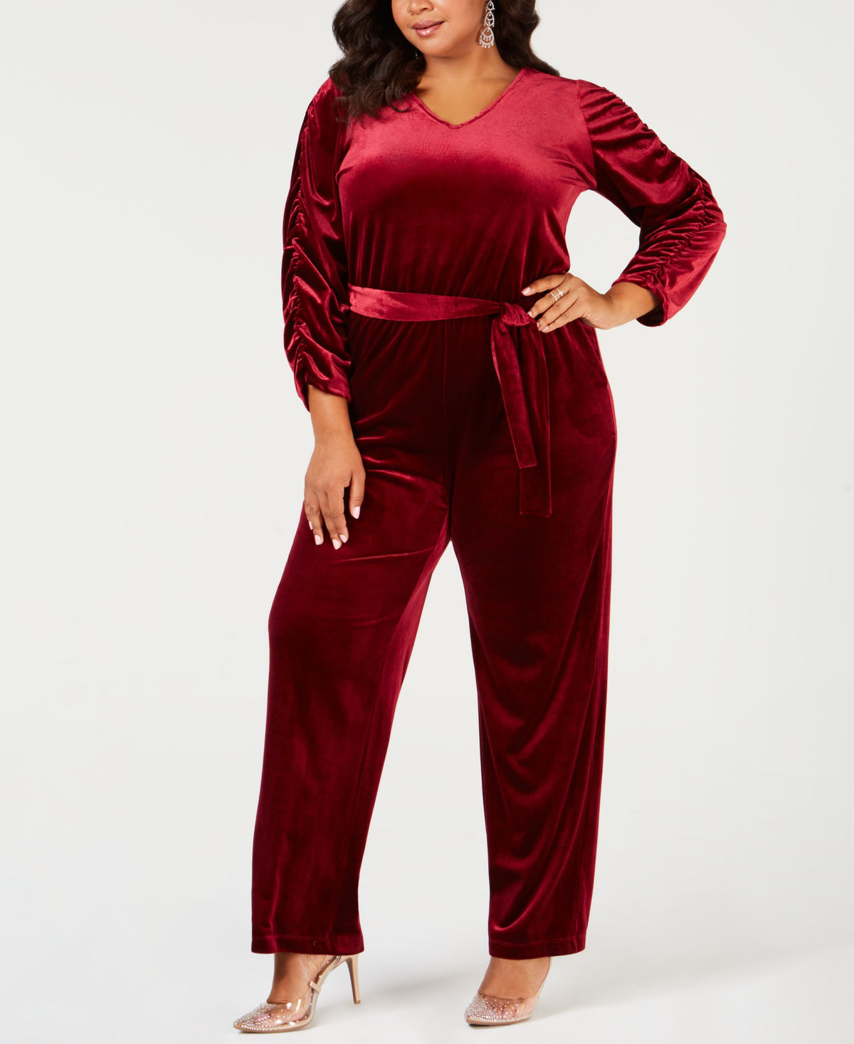 NY Collection Plus Size Belted Velvet Jumpsuit