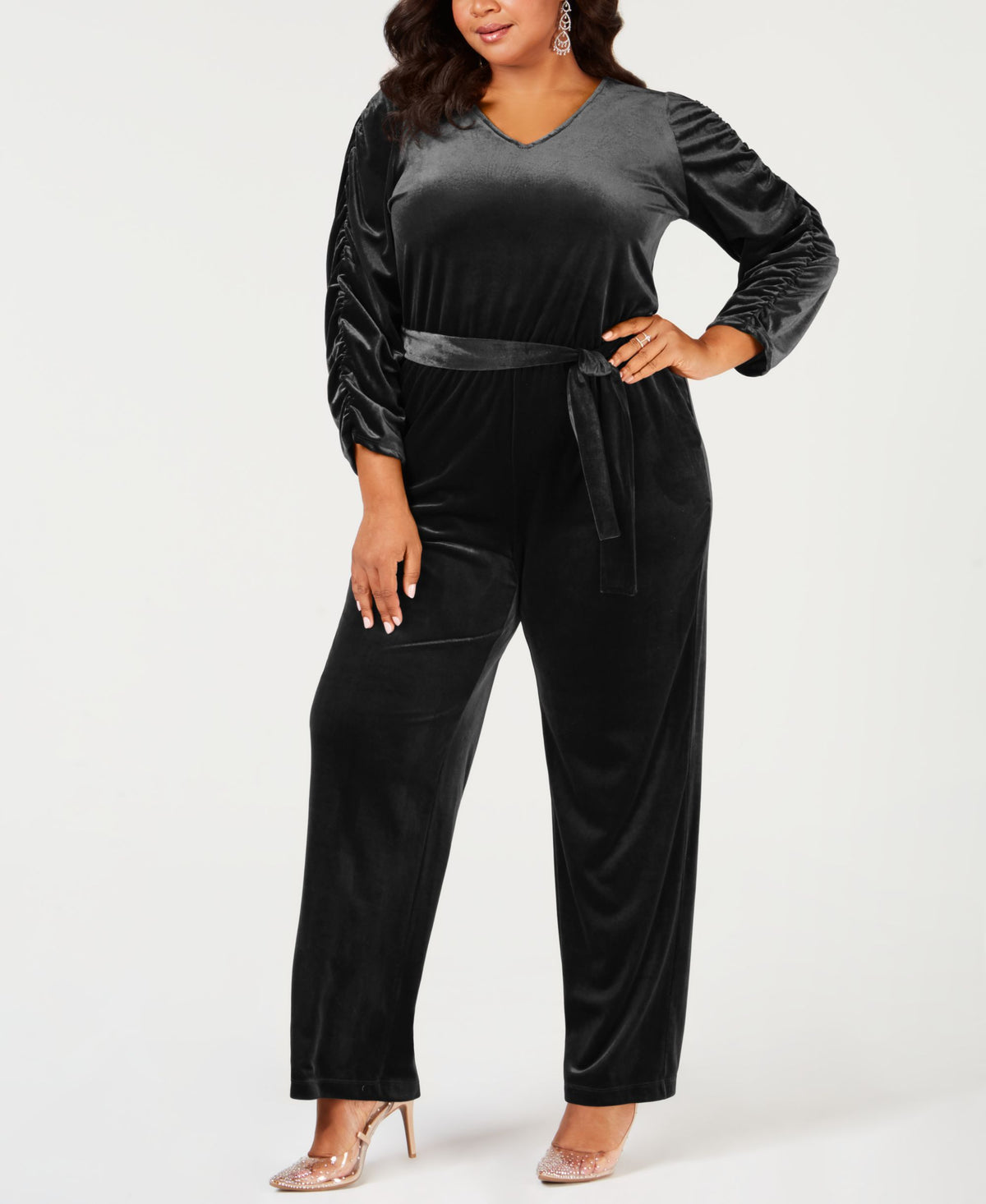 NY Collection Plus Size Belted Velvet Jumpsuit