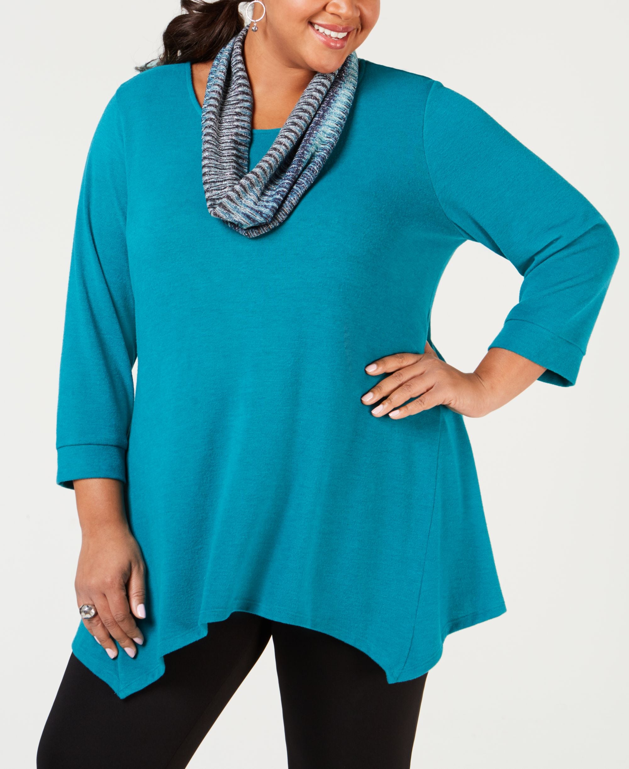 NY Collection Plus Size Handkerchief Hem Top Printed Scarf