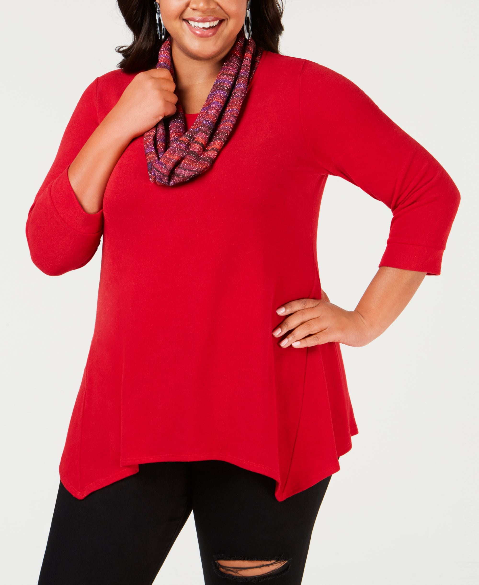 NY Collection Plus Size Handkerchief Hem Top Printed Scarf