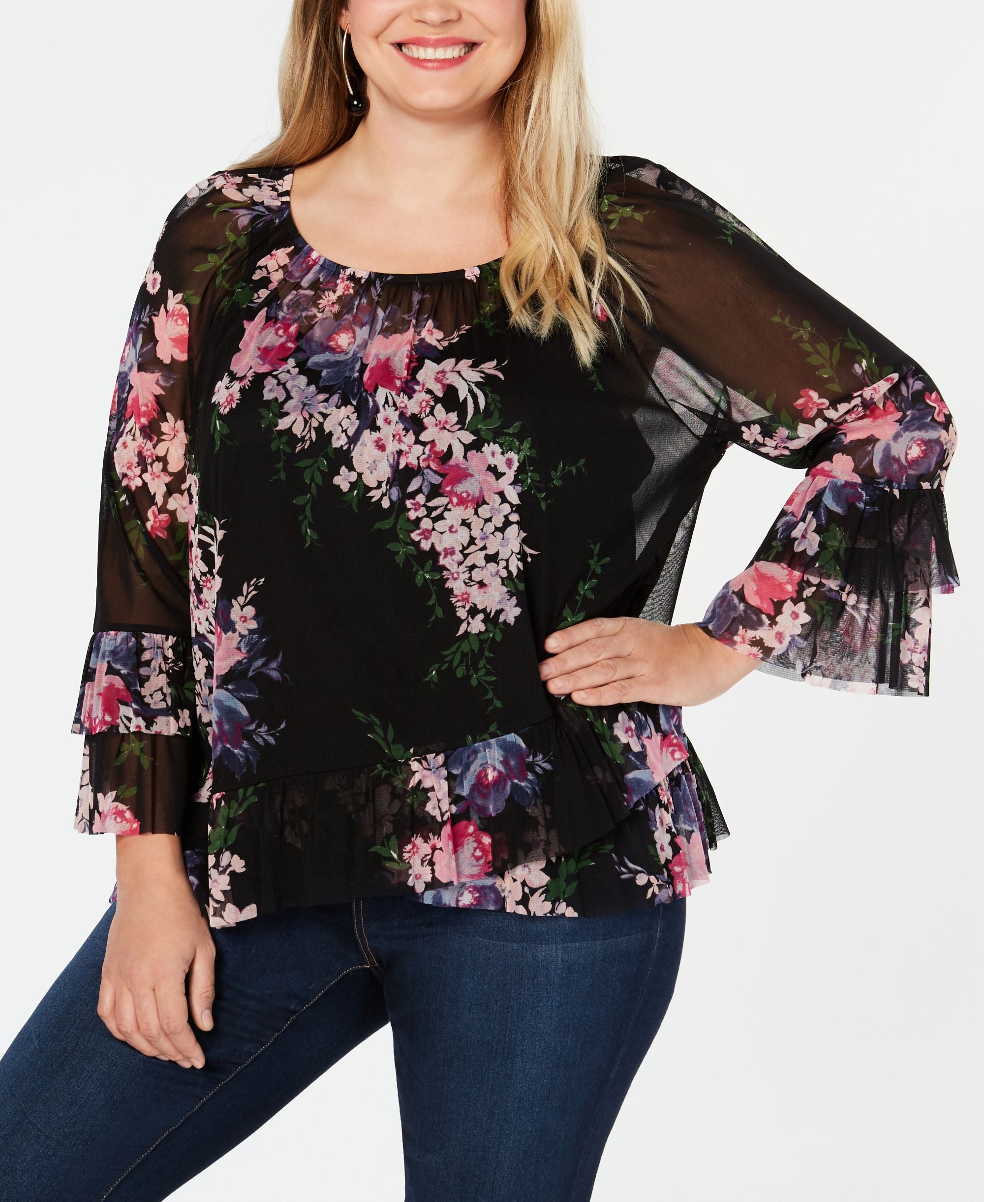 Plus Size Asymmetrical Ruffle Peasant Top