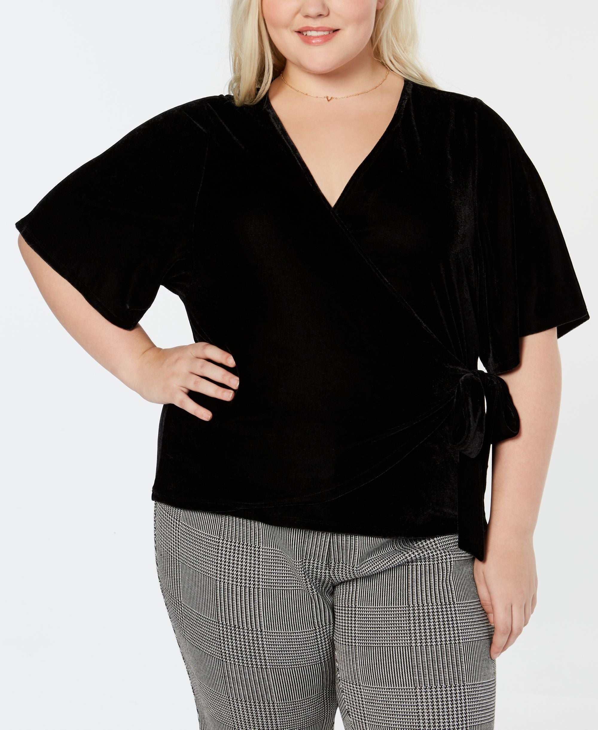 Soprano Trendy Plus Size Velvet Faux Wrap Top