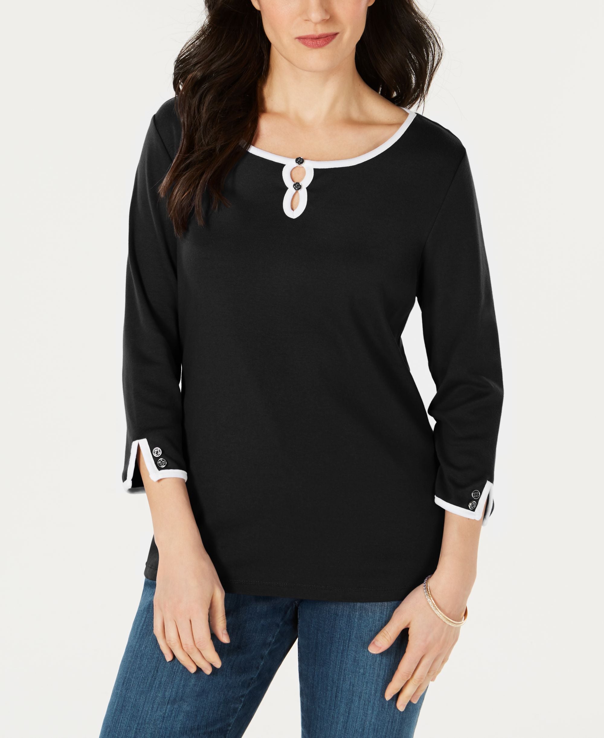 Karen Scott Cotton Contrast Trim Top