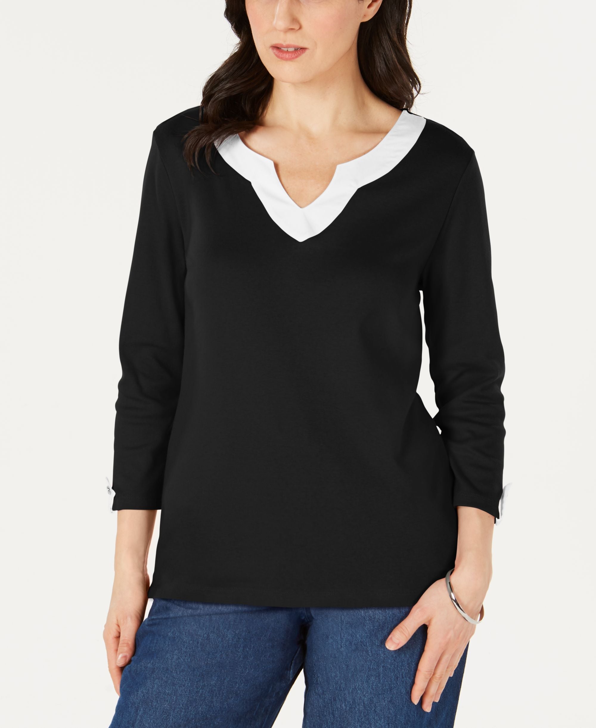 Karen Scott Cotton Split Neck Tab Sleeve Top