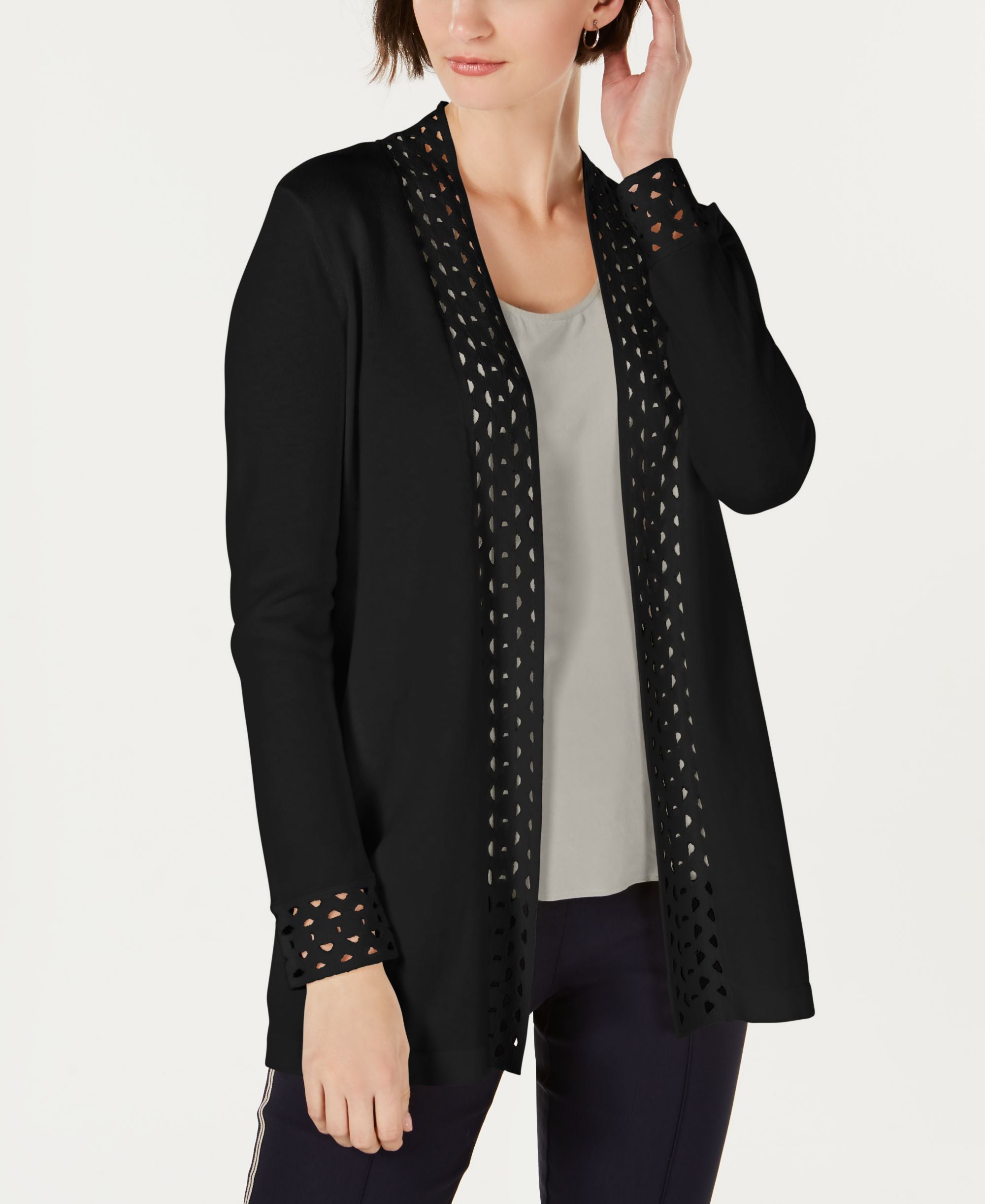 Charter Club Lattice Trim Open Front Cardigan