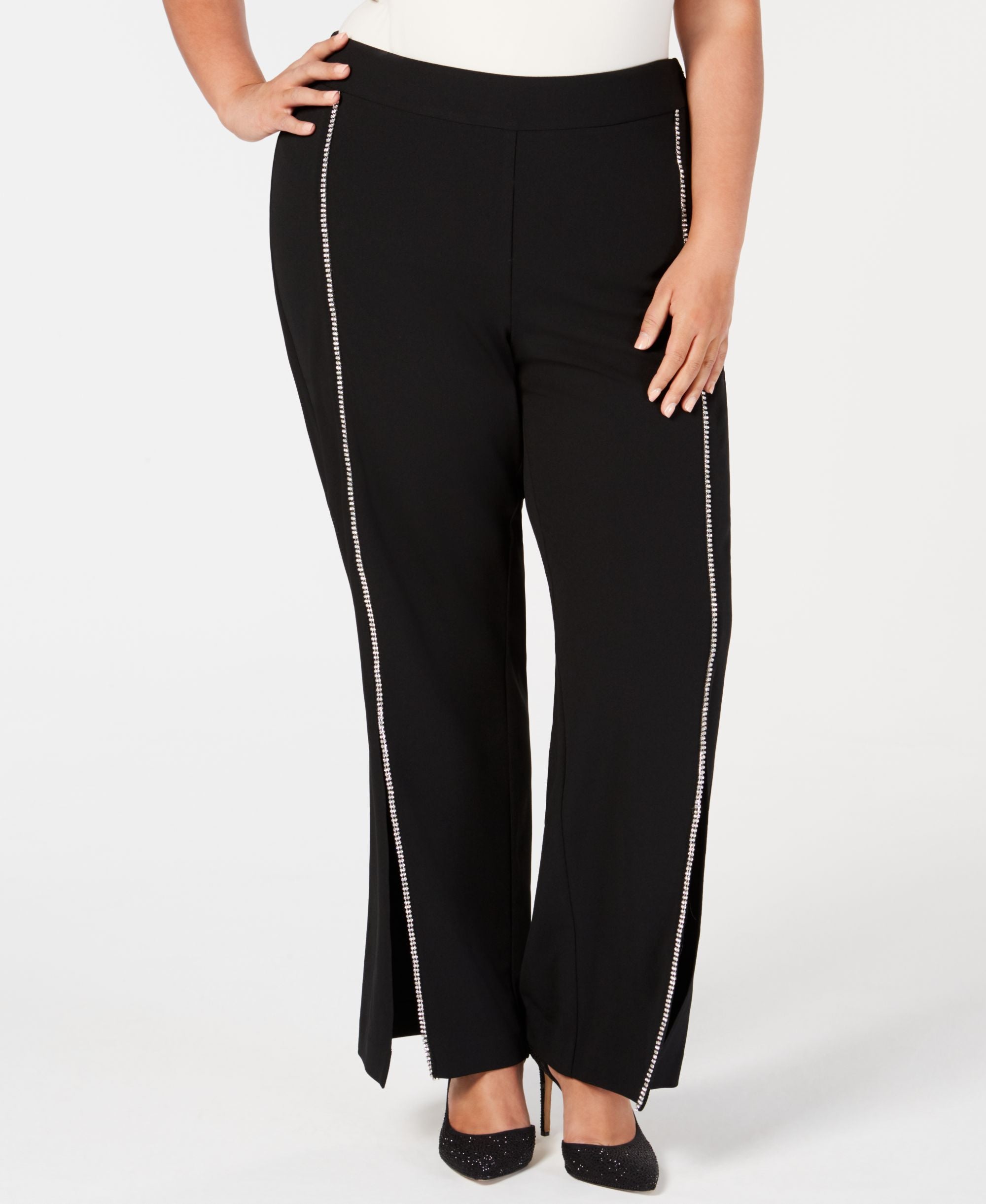 I.N.C. Plus Size Rhinestone-Trim Crepe Wide-Leg Pants